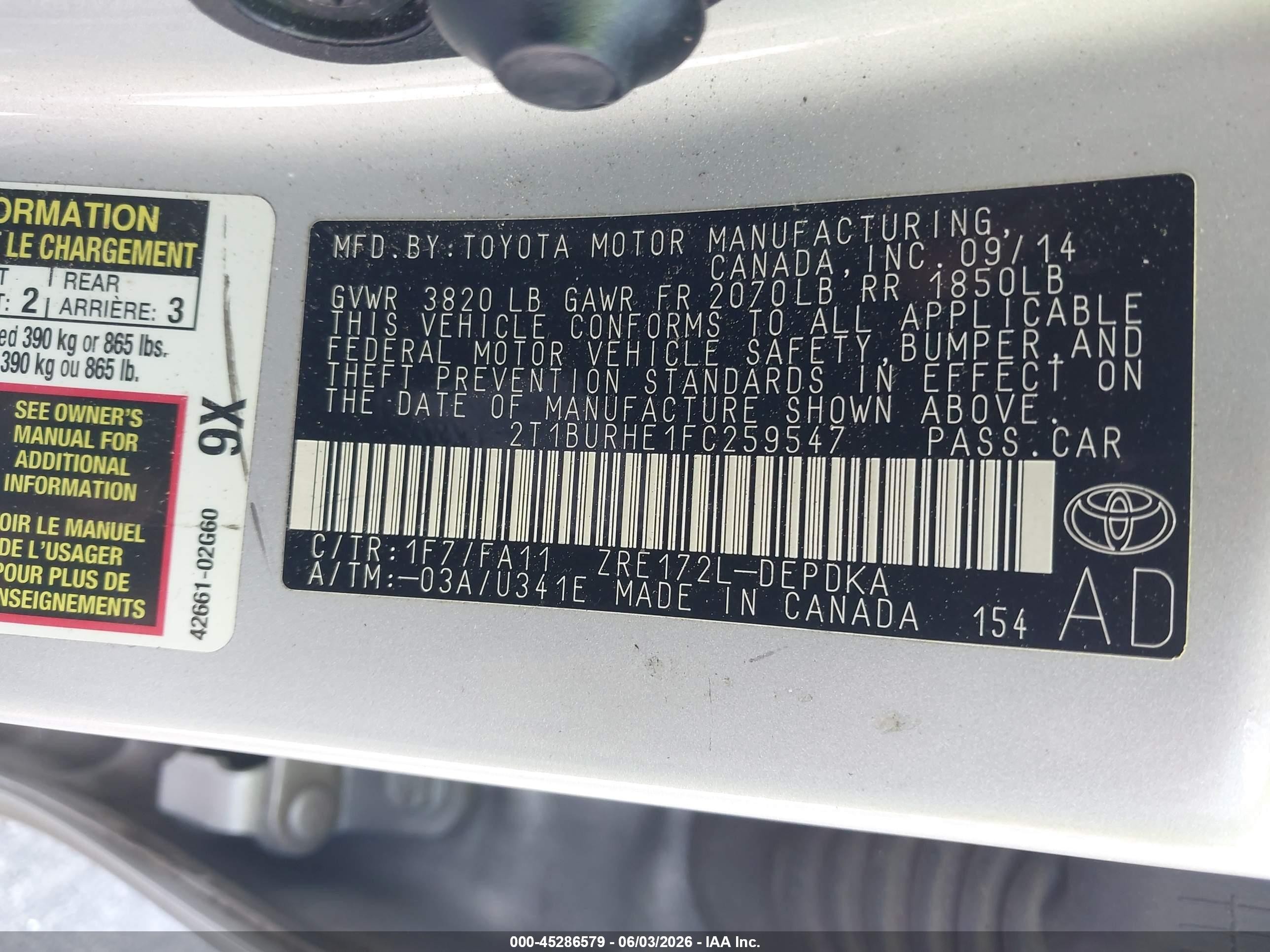 2015 Toyota Corolla L Silver vin: 2T1BURHE1FC259547