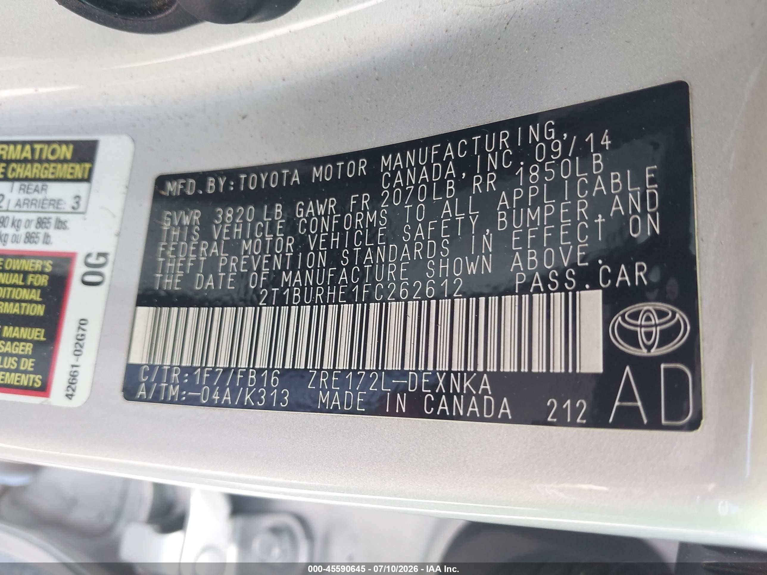2015 Toyota Corolla Le Gray vin: 2T1BURHE1FC262612