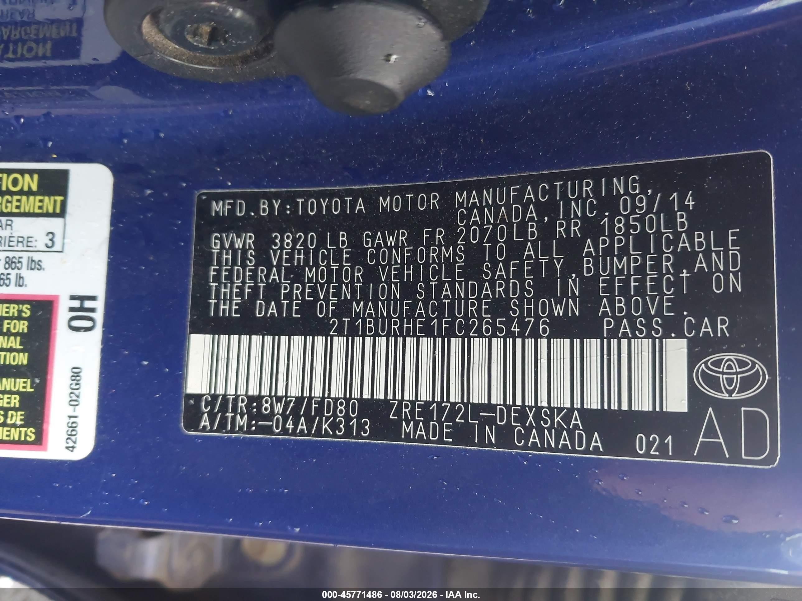 2015 Toyota Corolla S Plus Blue vin: 2T1BURHE1FC265476