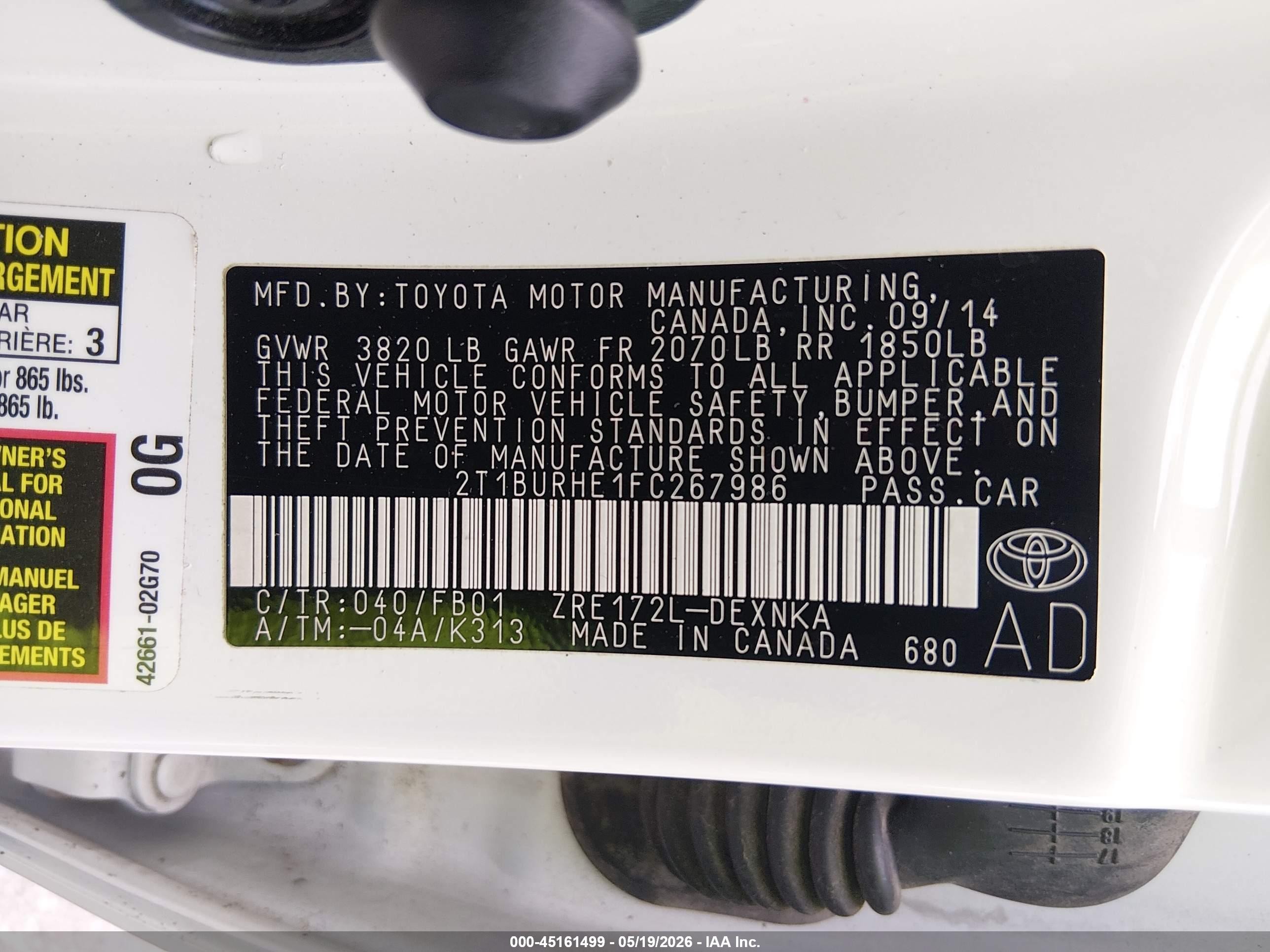 2015 Toyota Corolla Le White vin: 2T1BURHE1FC267986