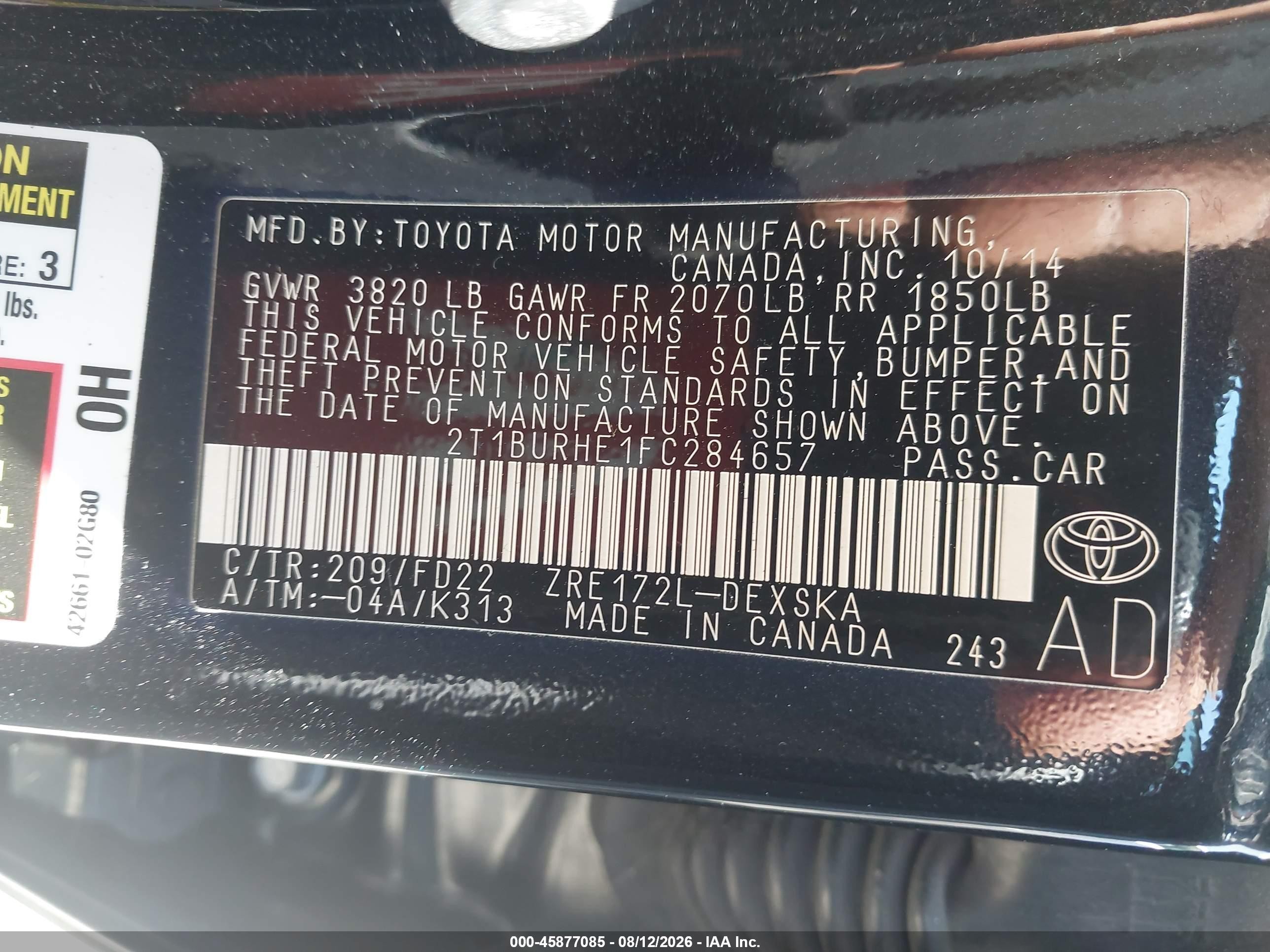 2015 Toyota Corolla S Plus Черный vin: 2T1BURHE1FC284657