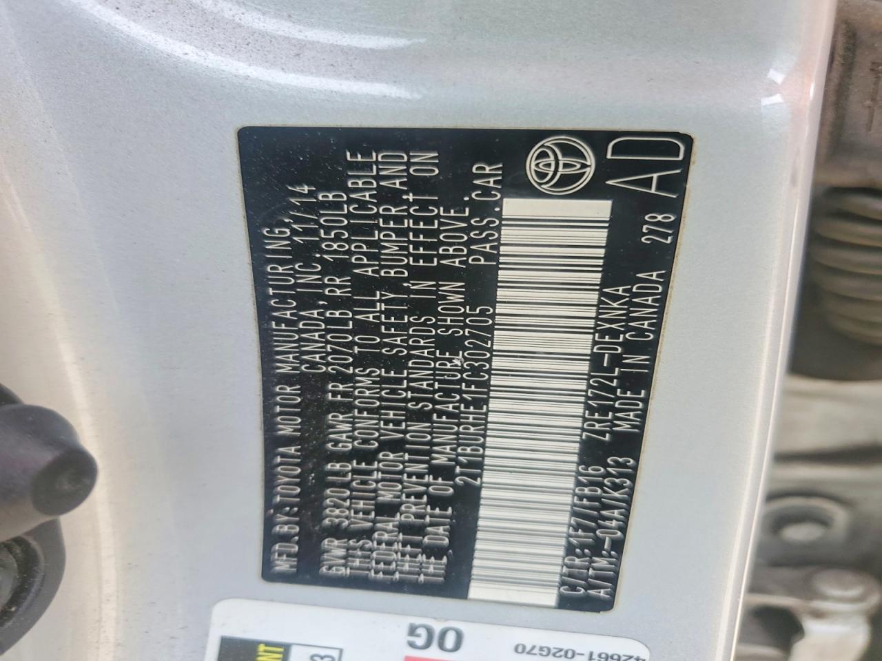 2015 Toyota Corolla Le Silver vin: 2T1BURHE1FC302705