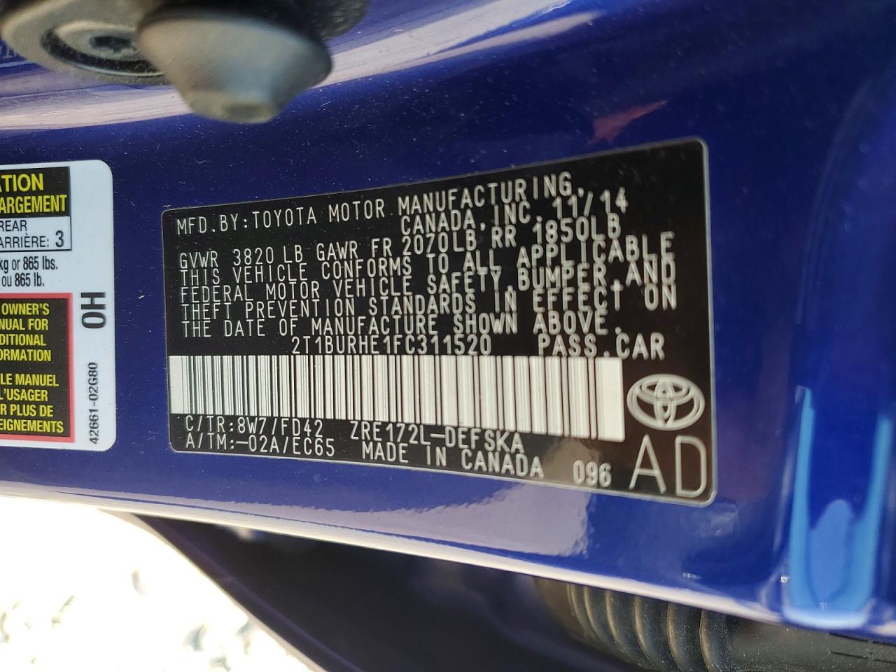 2015 Toyota Corolla S Plus Blue vin: 2T1BURHE1FC311520