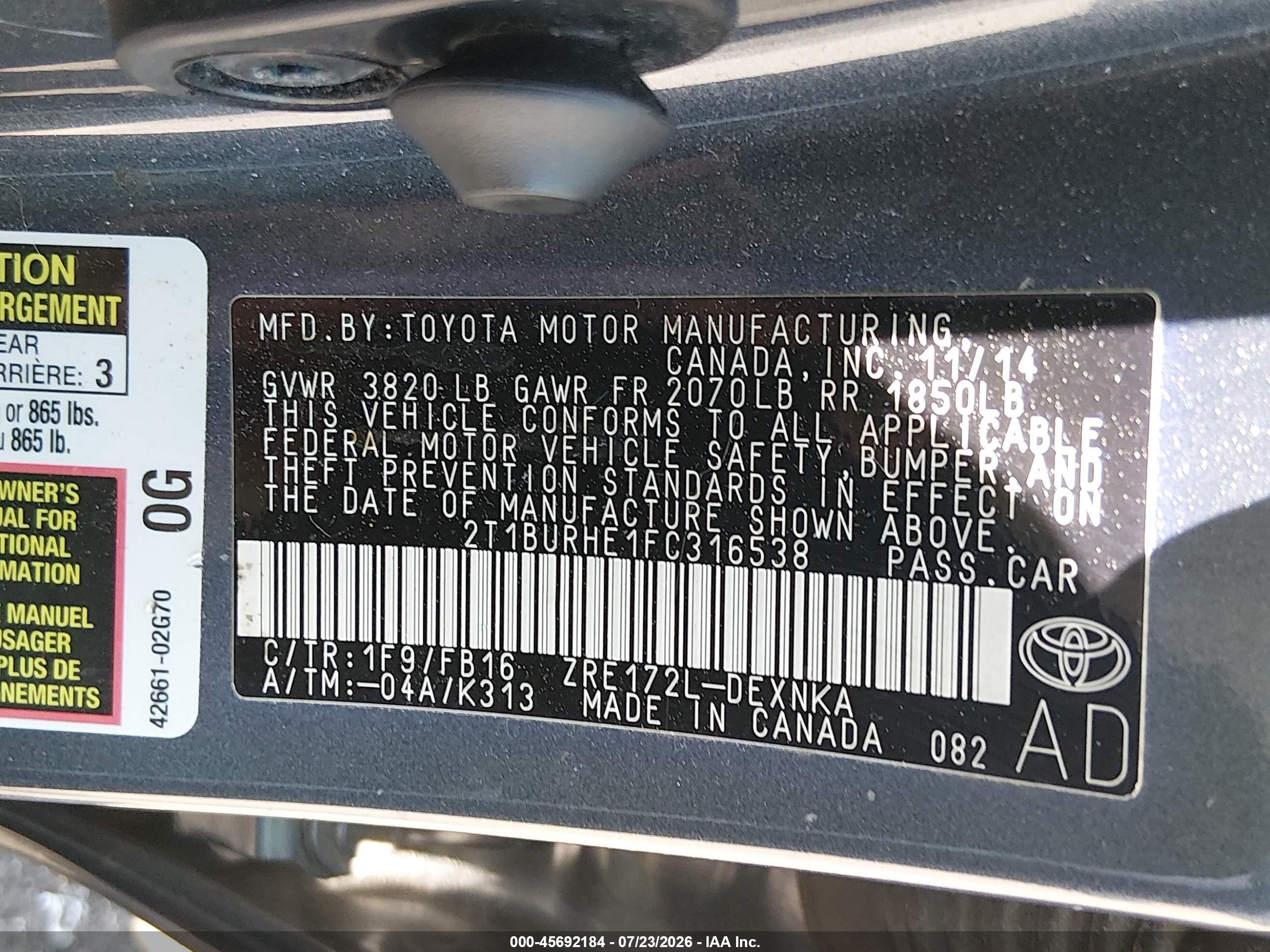 2015 Toyota Corolla Le Gray vin: 2T1BURHE1FC316538