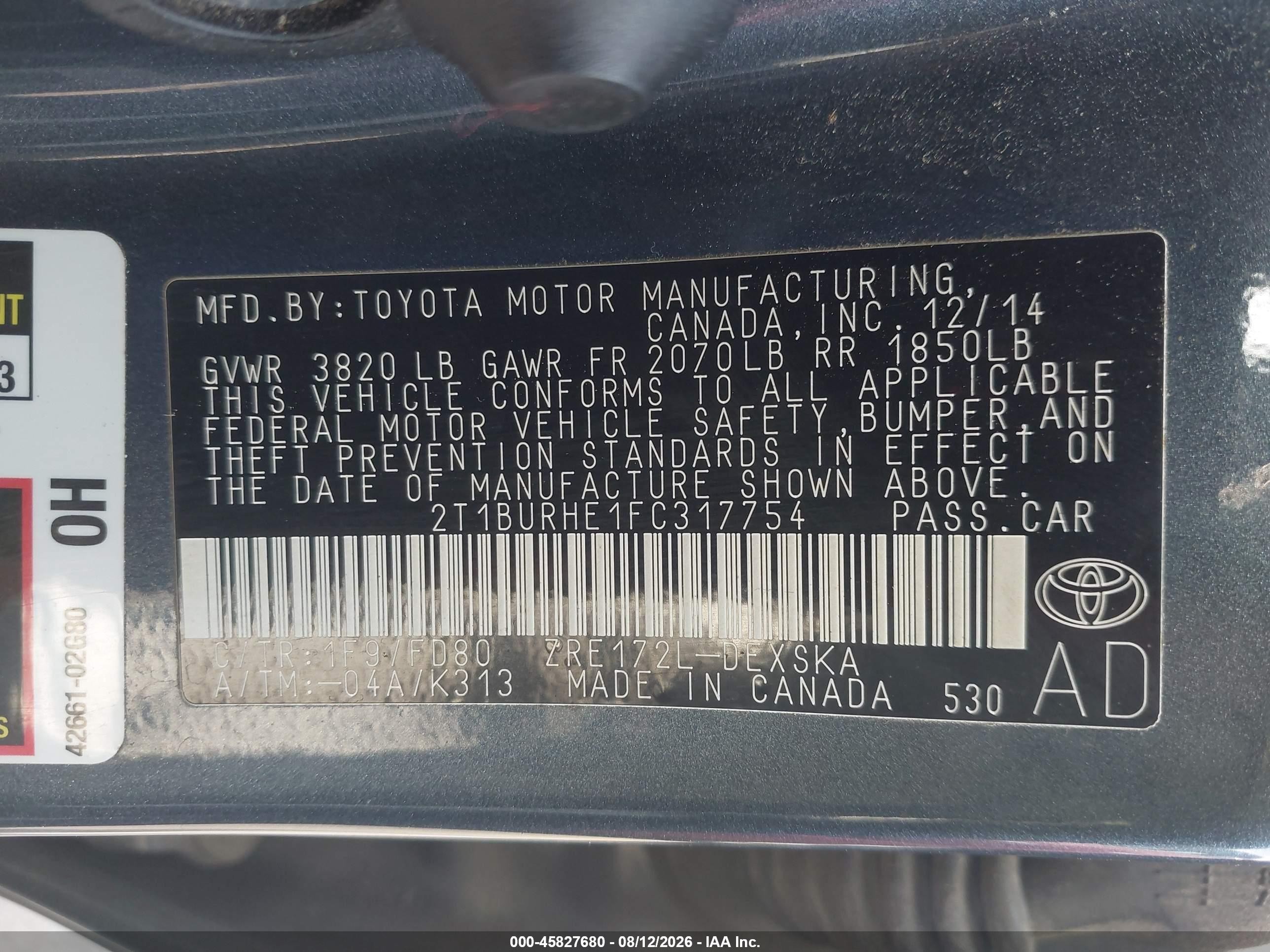 2015 Toyota Corolla S Plus Blue vin: 2T1BURHE1FC317754