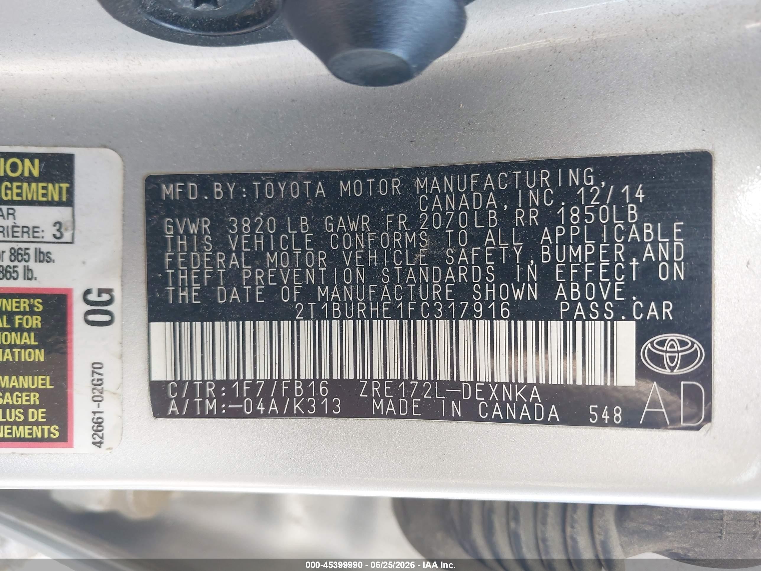 2015 Toyota Corolla Le Silver vin: 2T1BURHE1FC317916