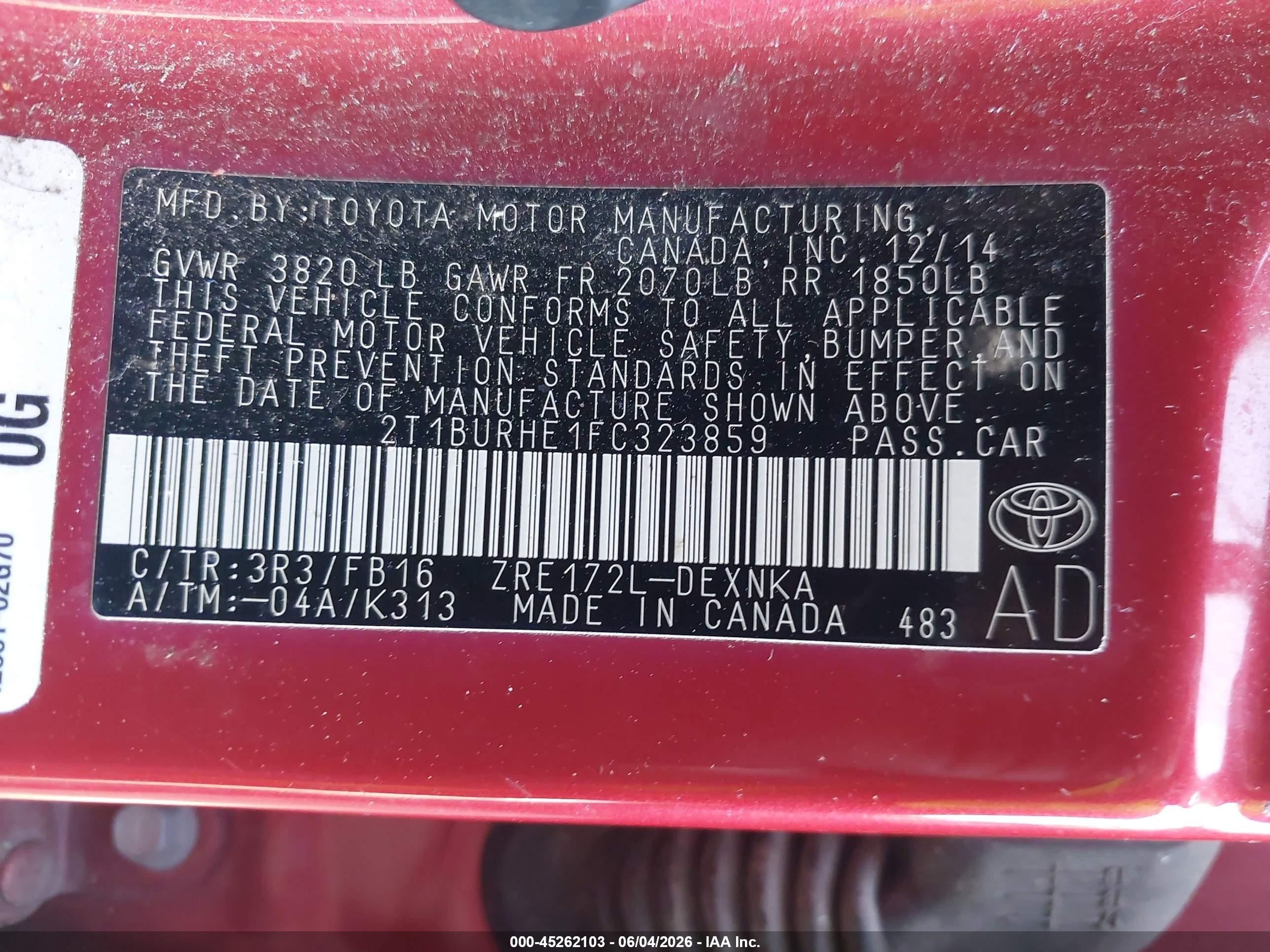2015 Toyota Corolla Le Red vin: 2T1BURHE1FC323859