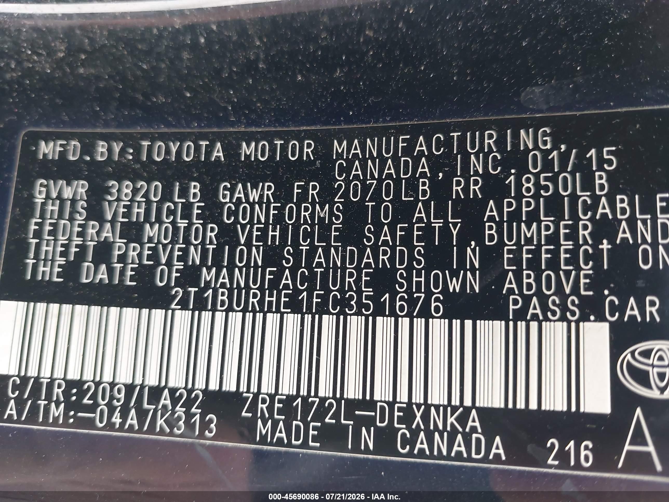 2015 Toyota Corolla Le Premium Black vin: 2T1BURHE1FC351676