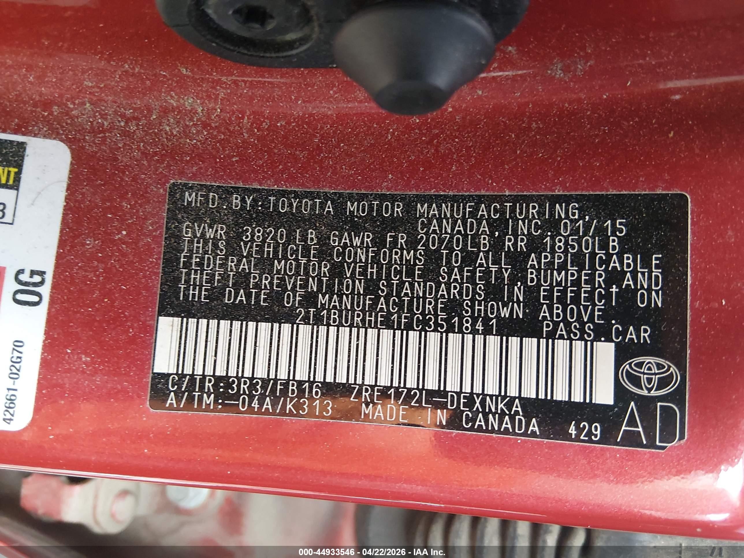 2015 Toyota Corolla Le Red vin: 2T1BURHE1FC351841