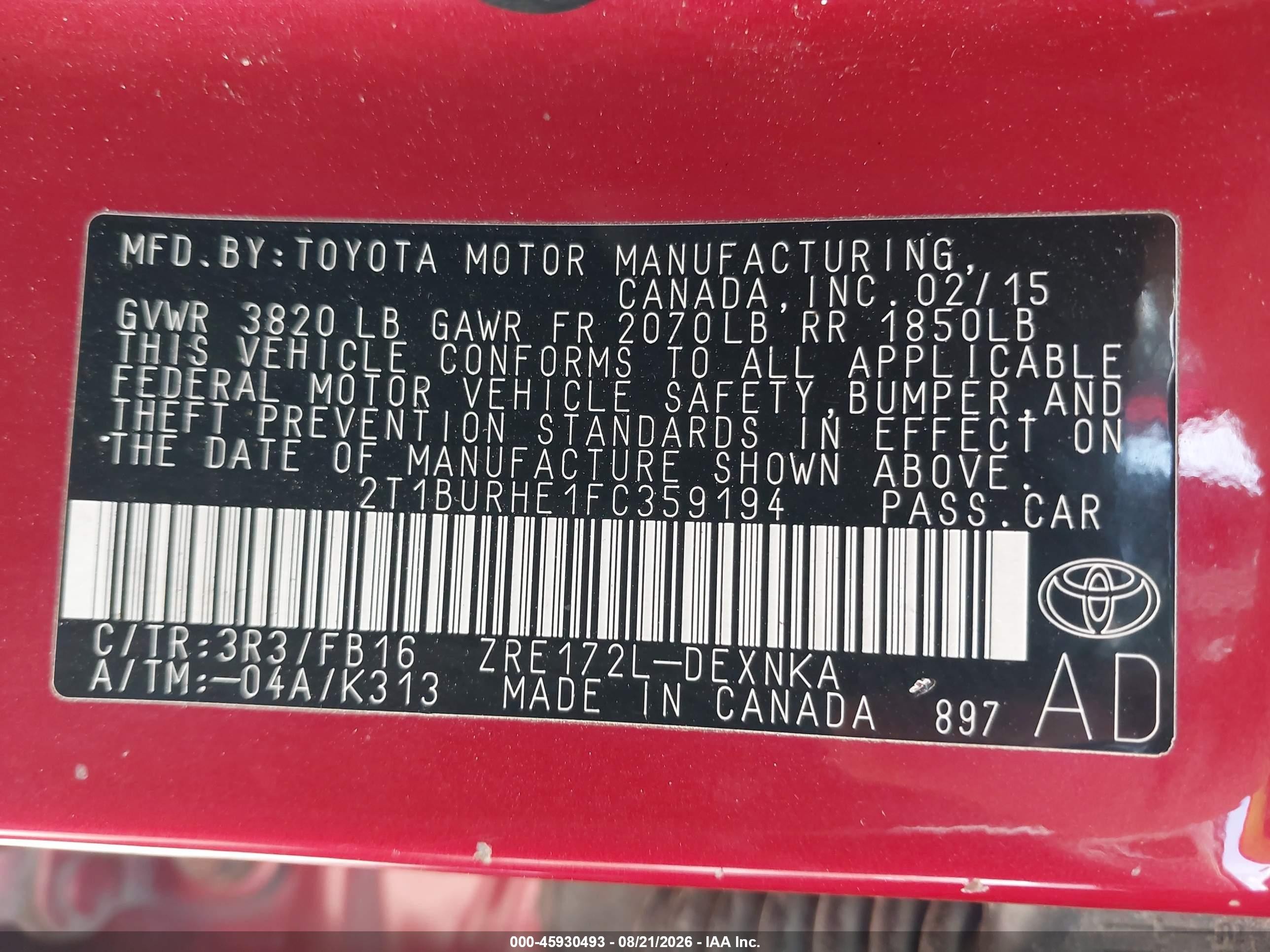 2015 Toyota Corolla Le Plus Red vin: 2T1BURHE1FC359194