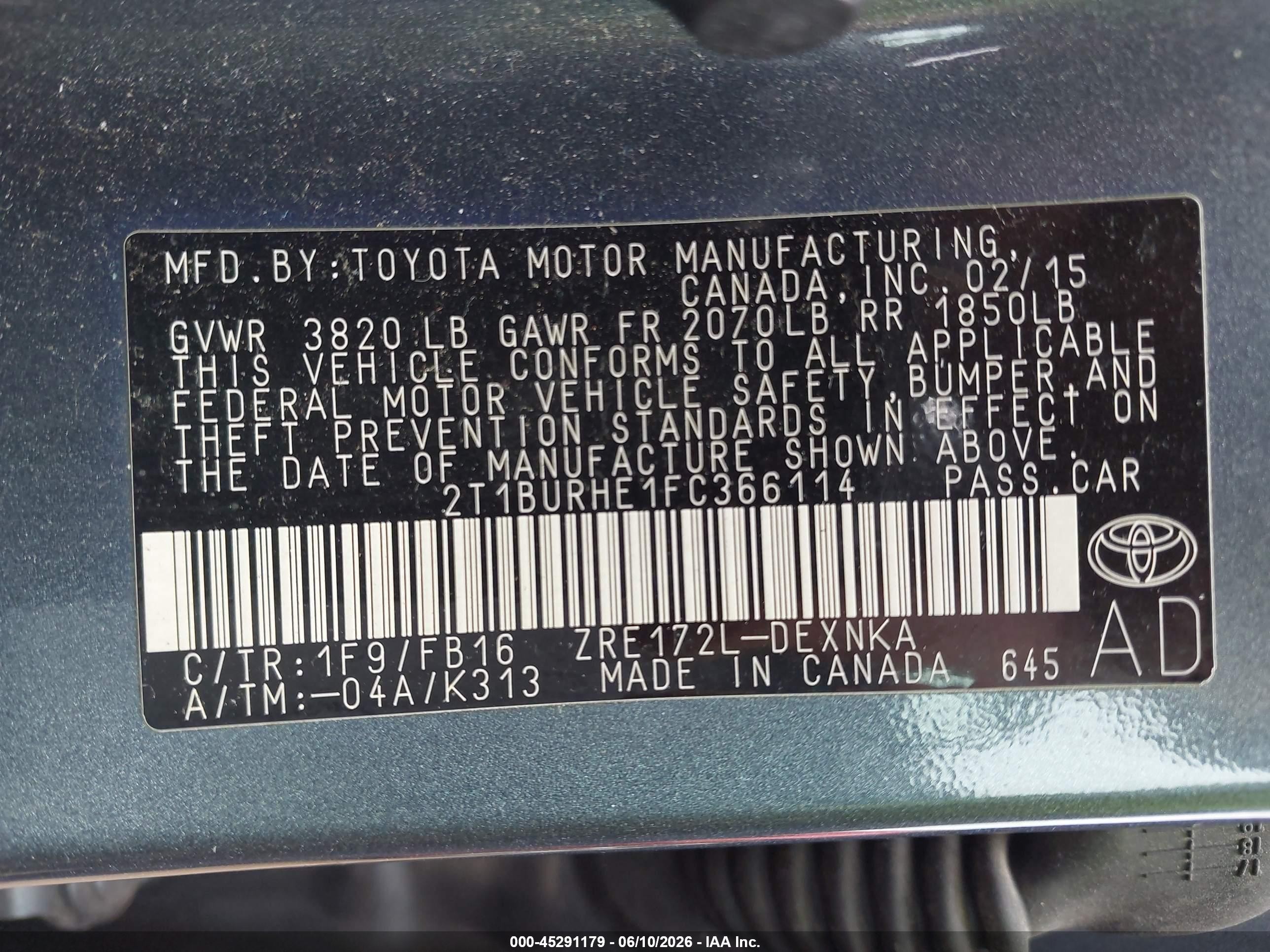 2015 Toyota Corolla Le Gray vin: 2T1BURHE1FC366114