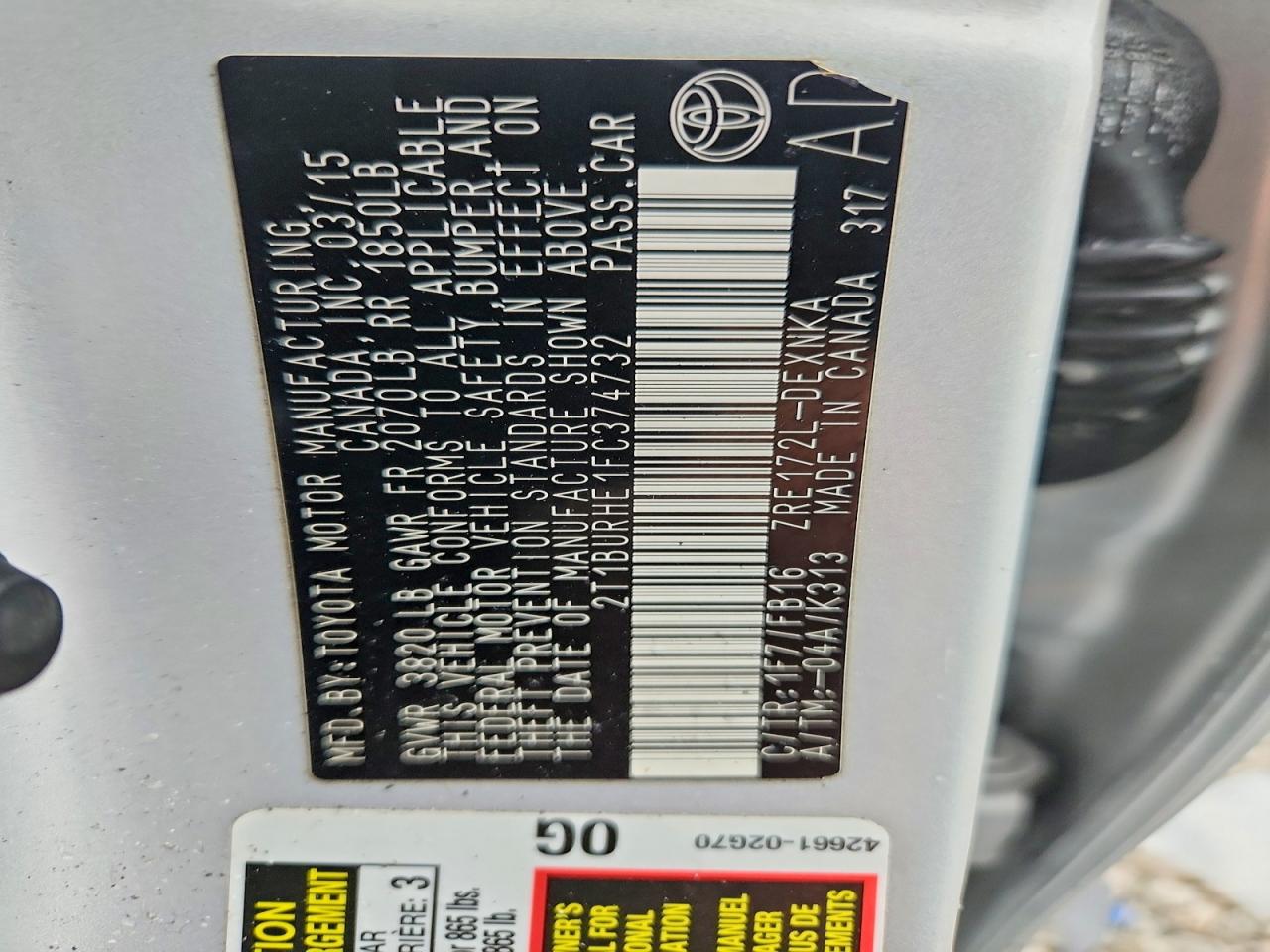 2015 Toyota Corolla Le Silver vin: 2T1BURHE1FC374732