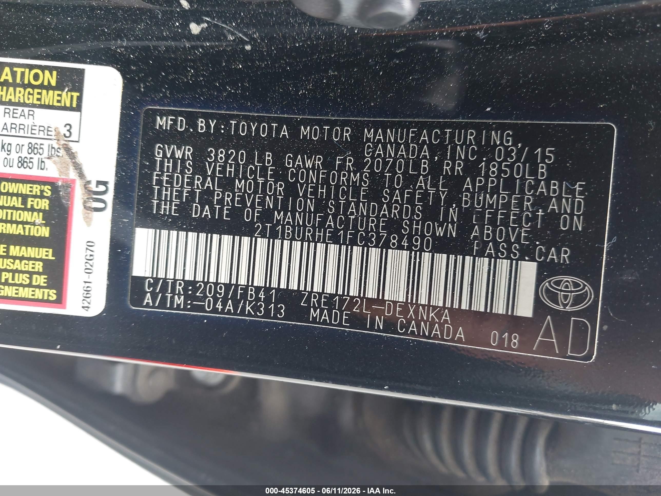 2015 Toyota Corolla Le Black vin: 2T1BURHE1FC378490