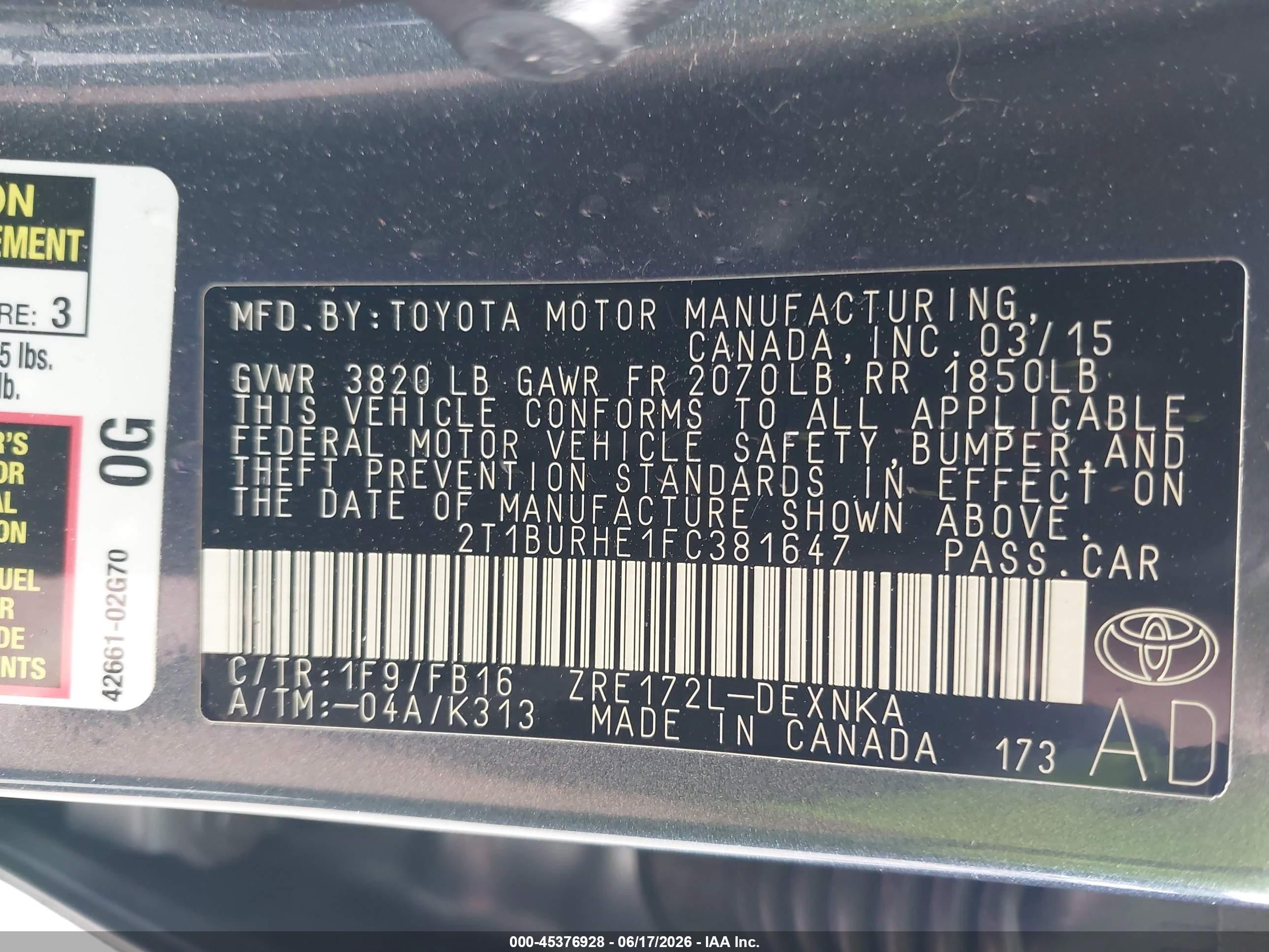 2015 Toyota Corolla Le Plus Gray vin: 2T1BURHE1FC381647