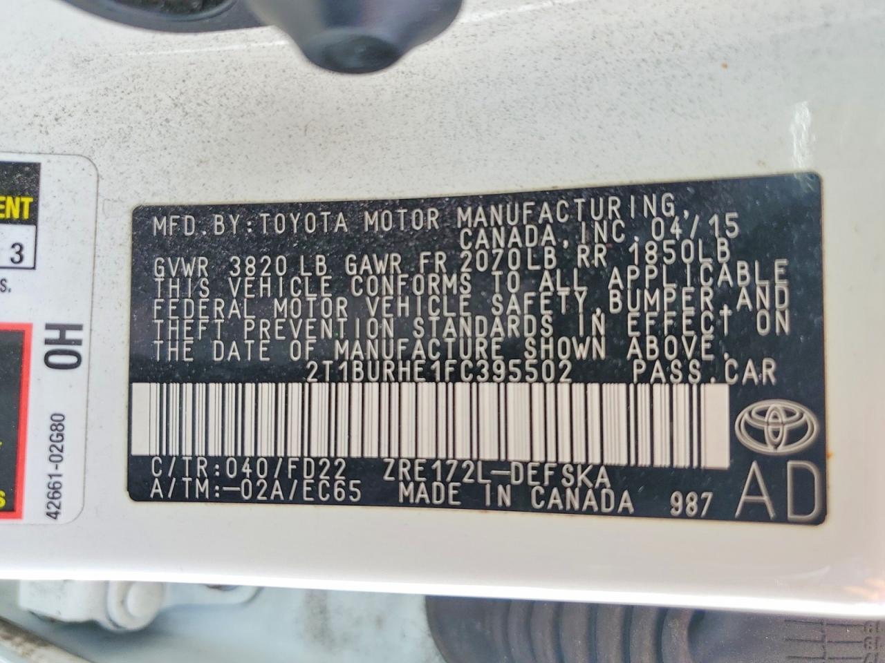 2015 Toyota Corolla S Plus White vin: 2T1BURHE1FC395502