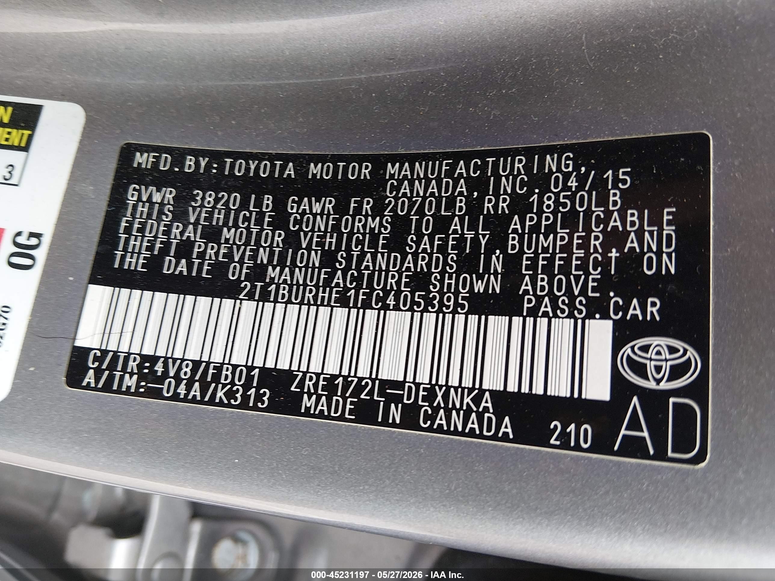 2015 Toyota Corolla Le Cream vin: 2T1BURHE1FC405395