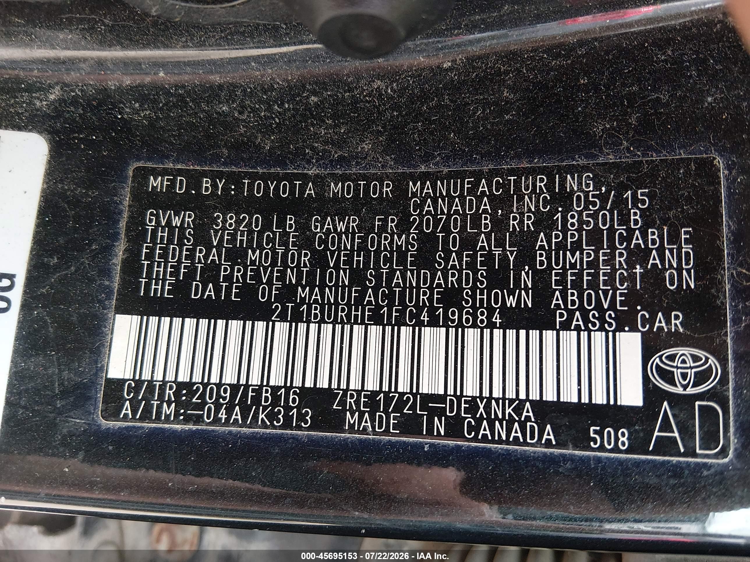 2015 Toyota Corolla Le Blue vin: 2T1BURHE1FC419684