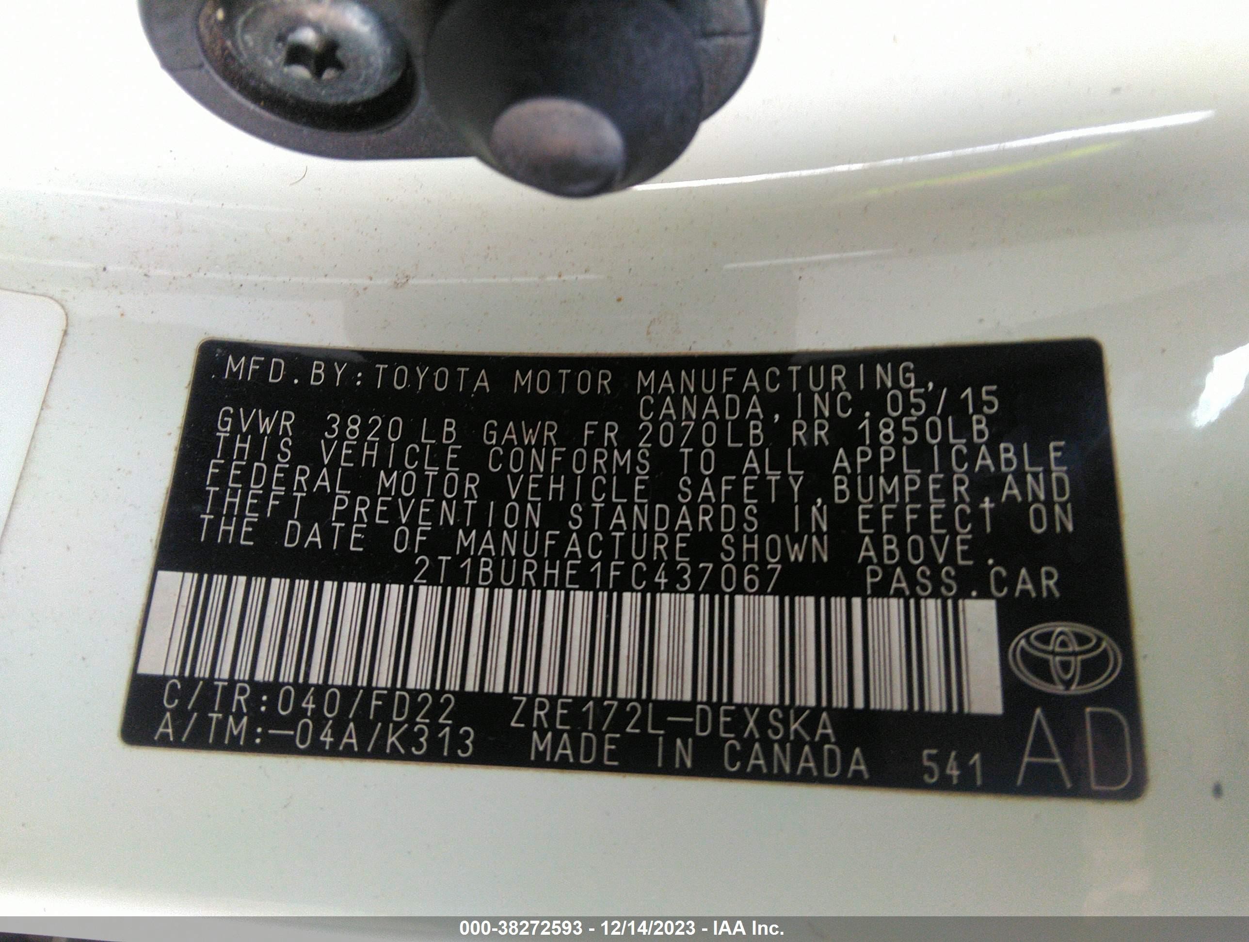 2015 Toyota Corolla Le White vin: 2T1BURHE1FC437067