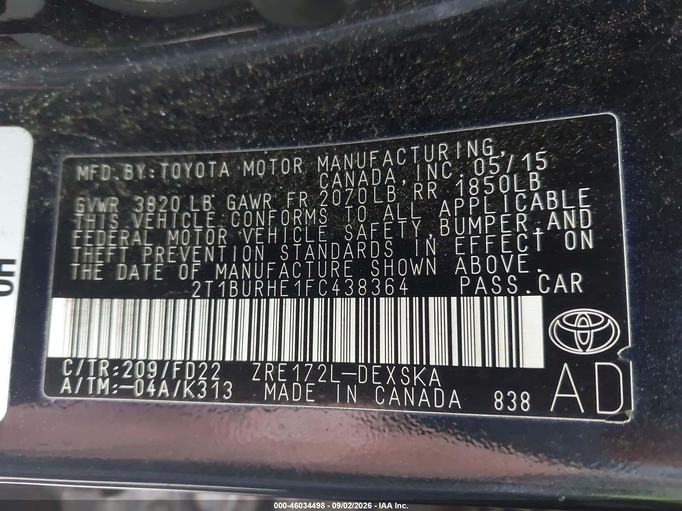 2015 Toyota Corolla S Plus Black vin: 2T1BURHE1FC438364