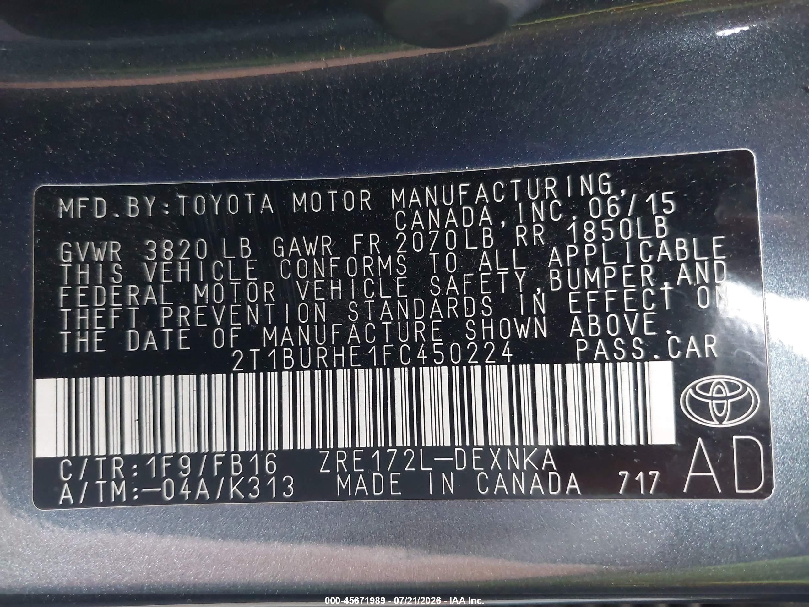 2015 Toyota Corolla Le Teal vin: 2T1BURHE1FC450224