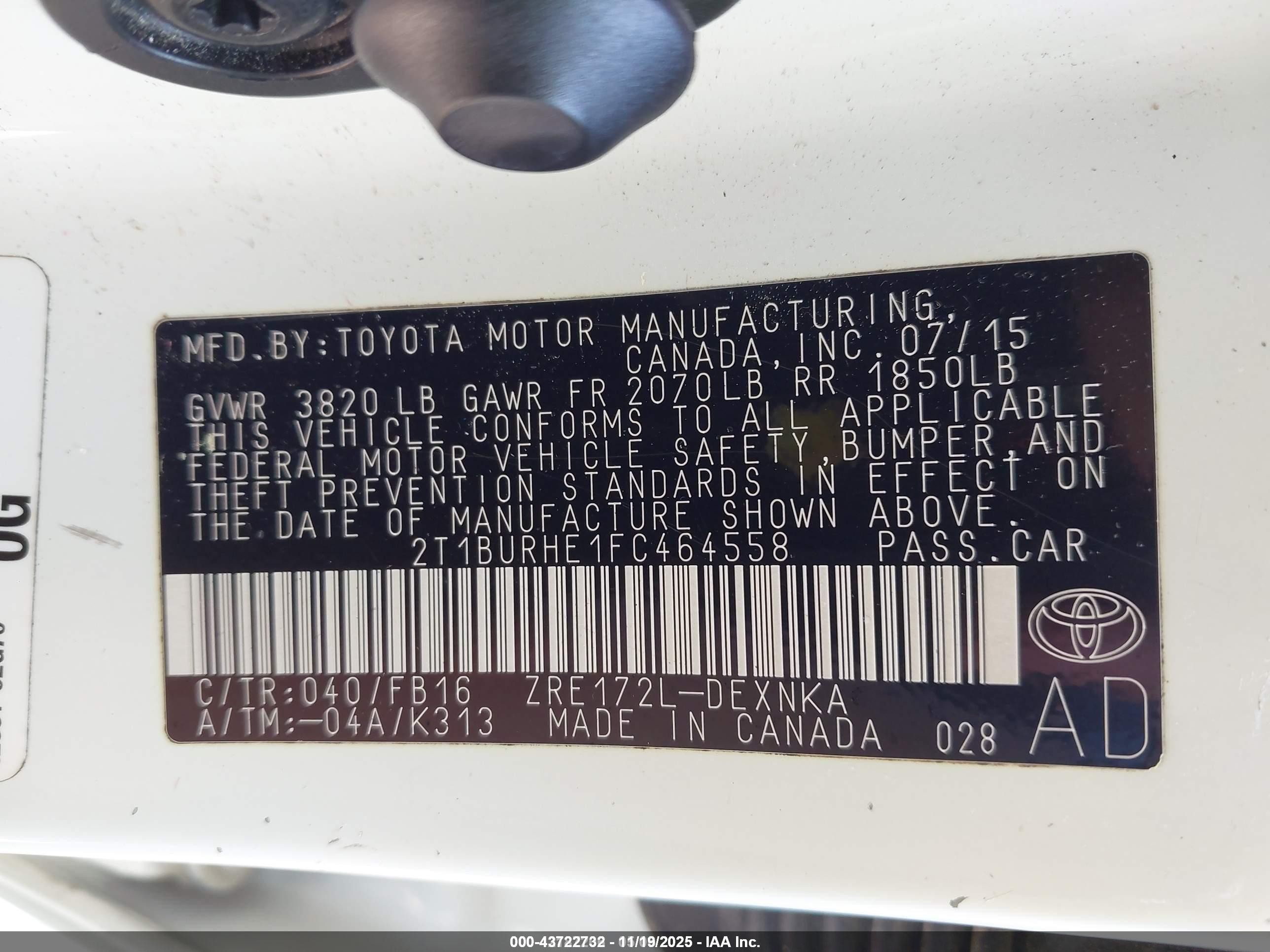 2015 Toyota Corolla Le White vin: 2T1BURHE1FC464558