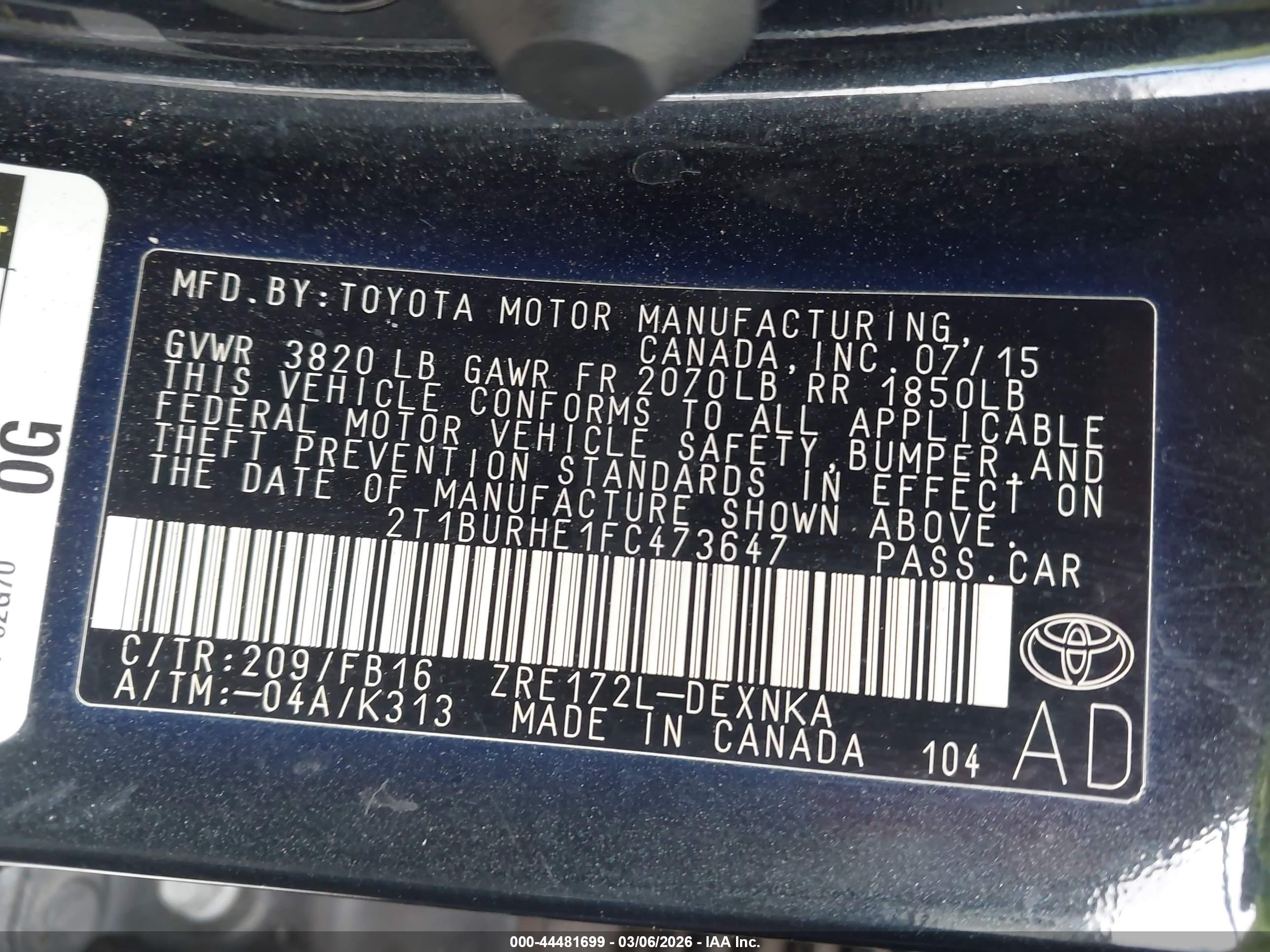 2015 Toyota Corolla Le Black vin: 2T1BURHE1FC473647