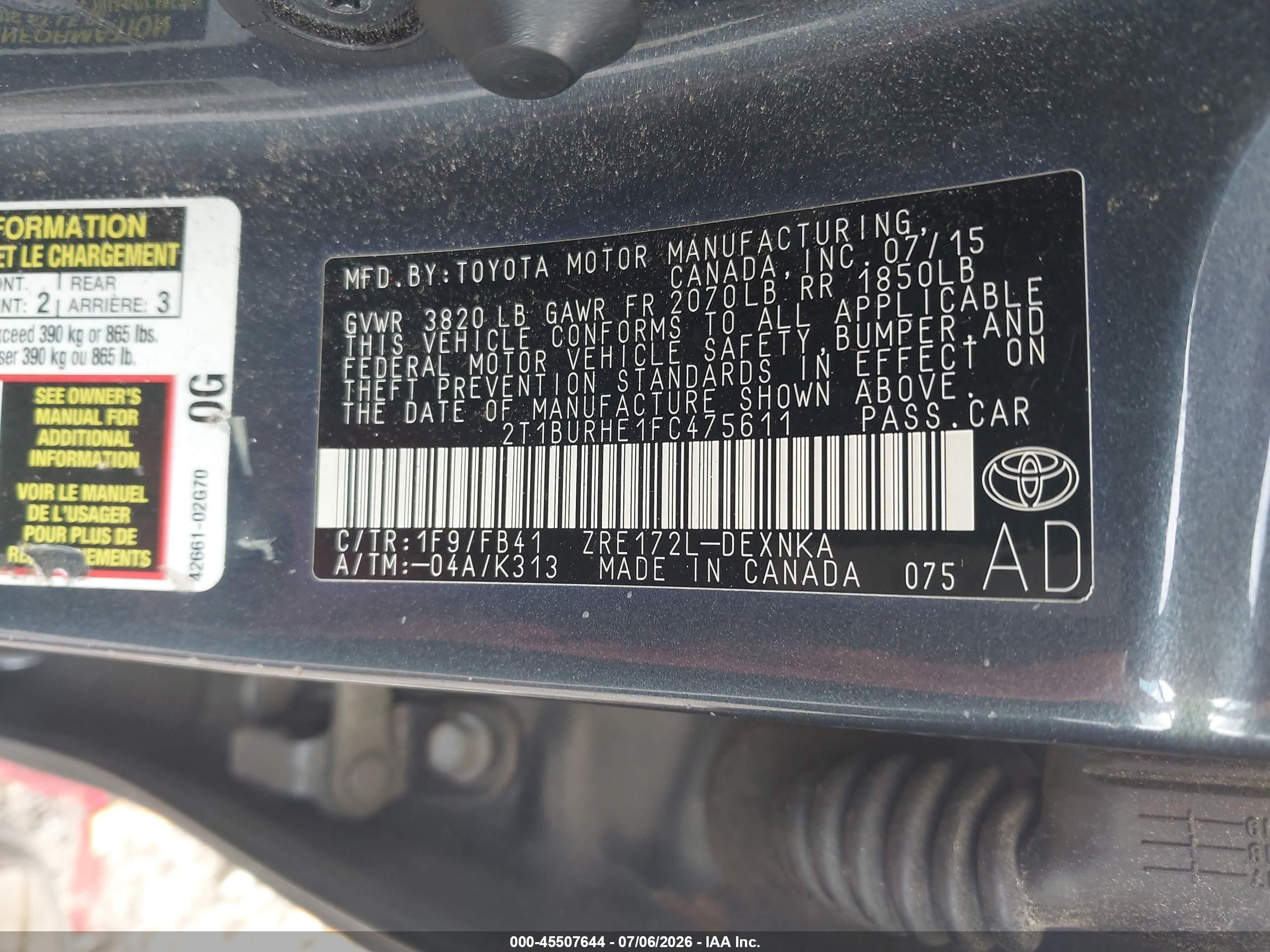 2015 Toyota Corolla Le Gray vin: 2T1BURHE1FC475611