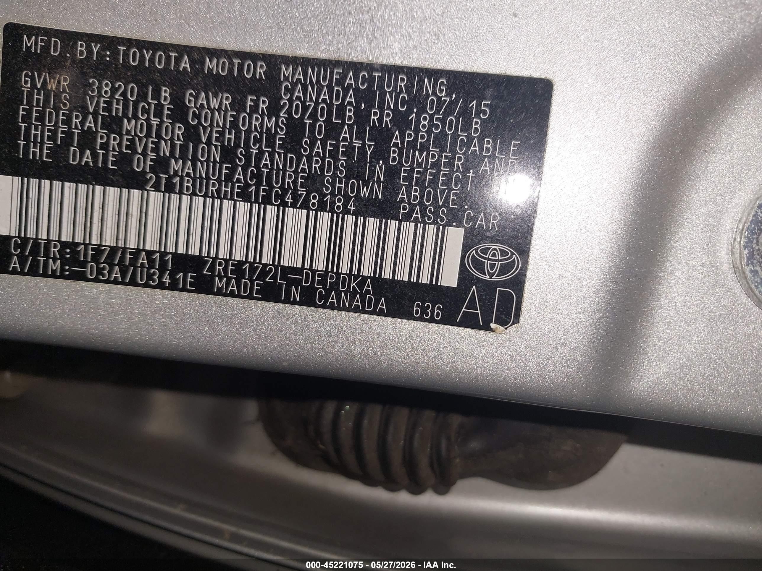 2015 Toyota Corolla L Серебряный vin: 2T1BURHE1FC478184