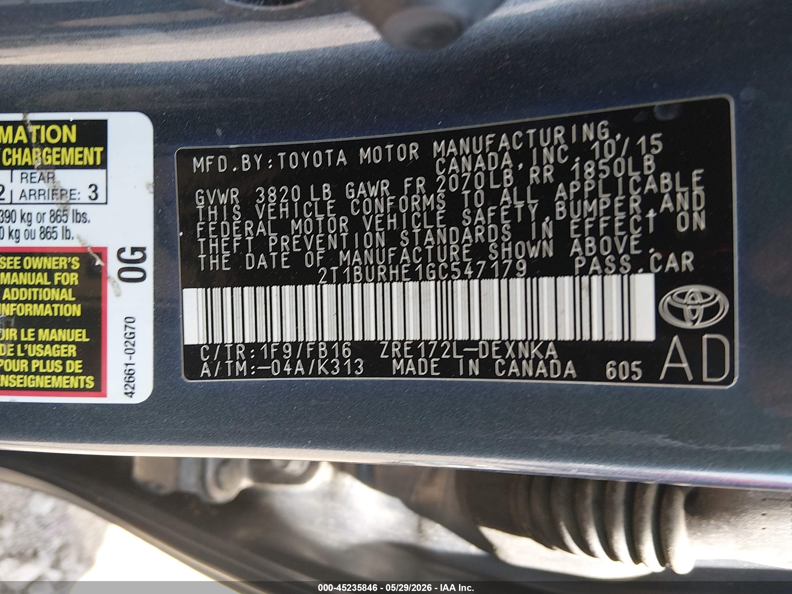 2016 Toyota Corolla Le Gray vin: 2T1BURHE1GC547179