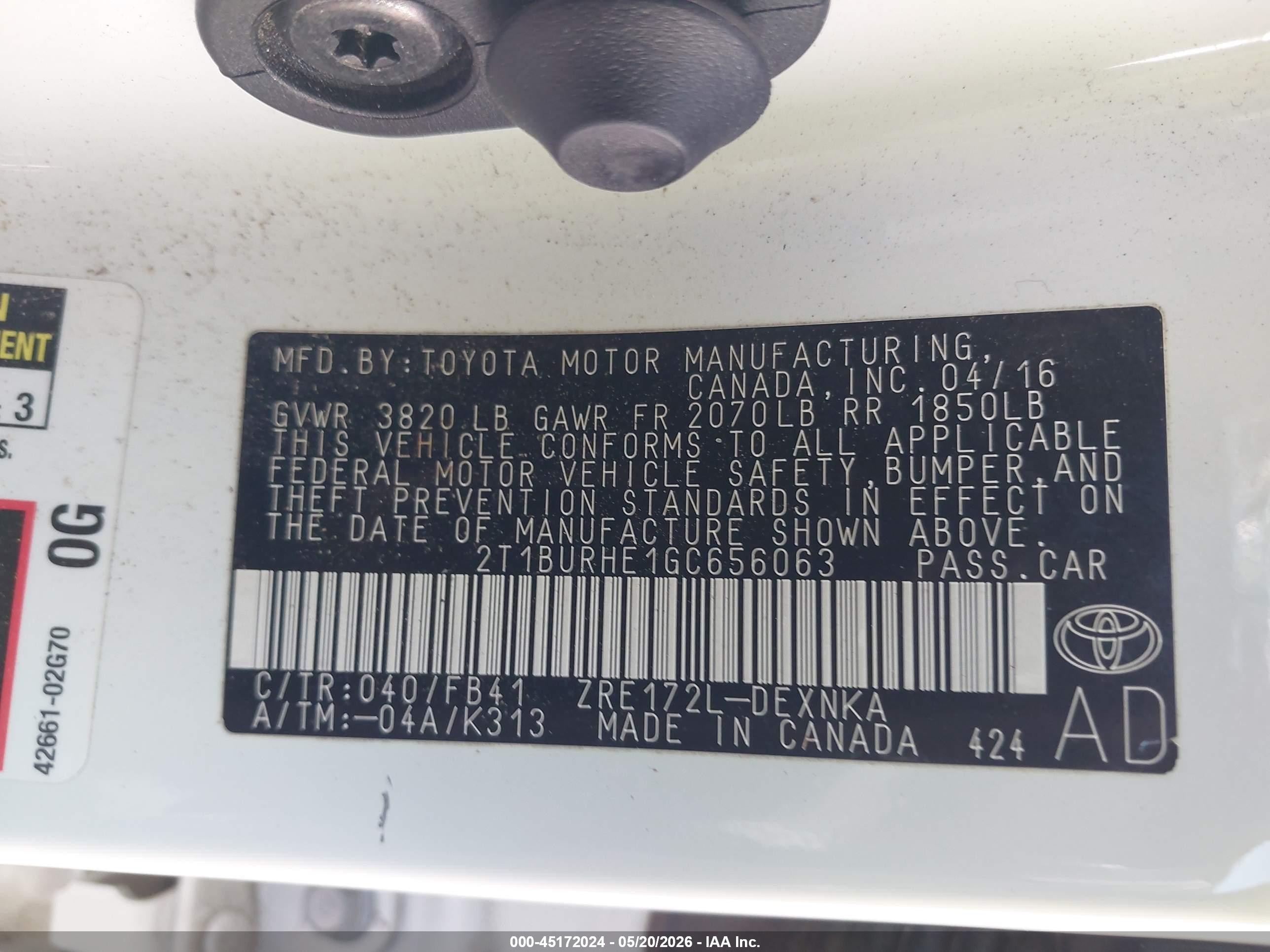 2016 Toyota Corolla Le White vin: 2T1BURHE1GC656063