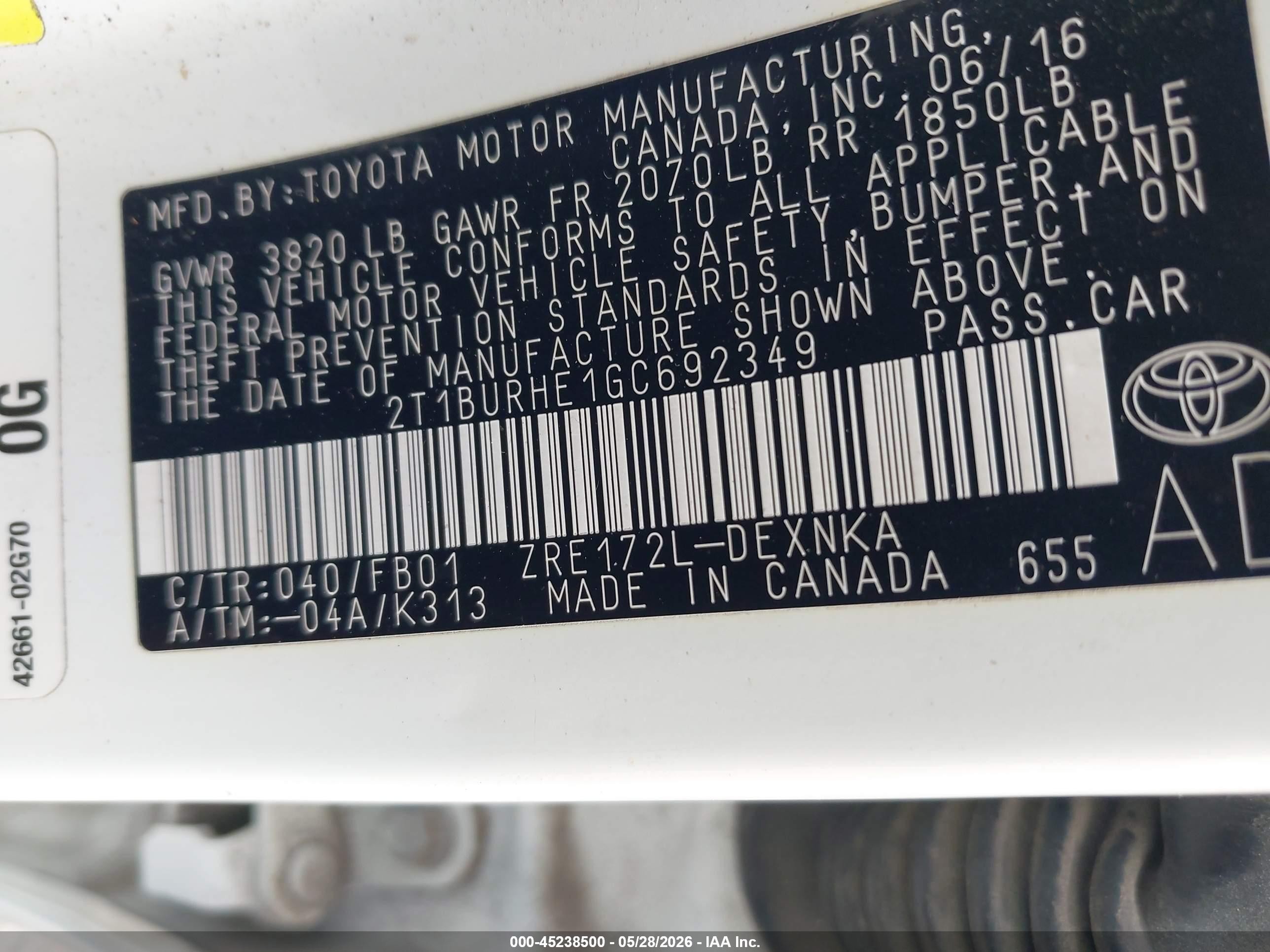 2016 Toyota Corolla Le White vin: 2T1BURHE1GC692349