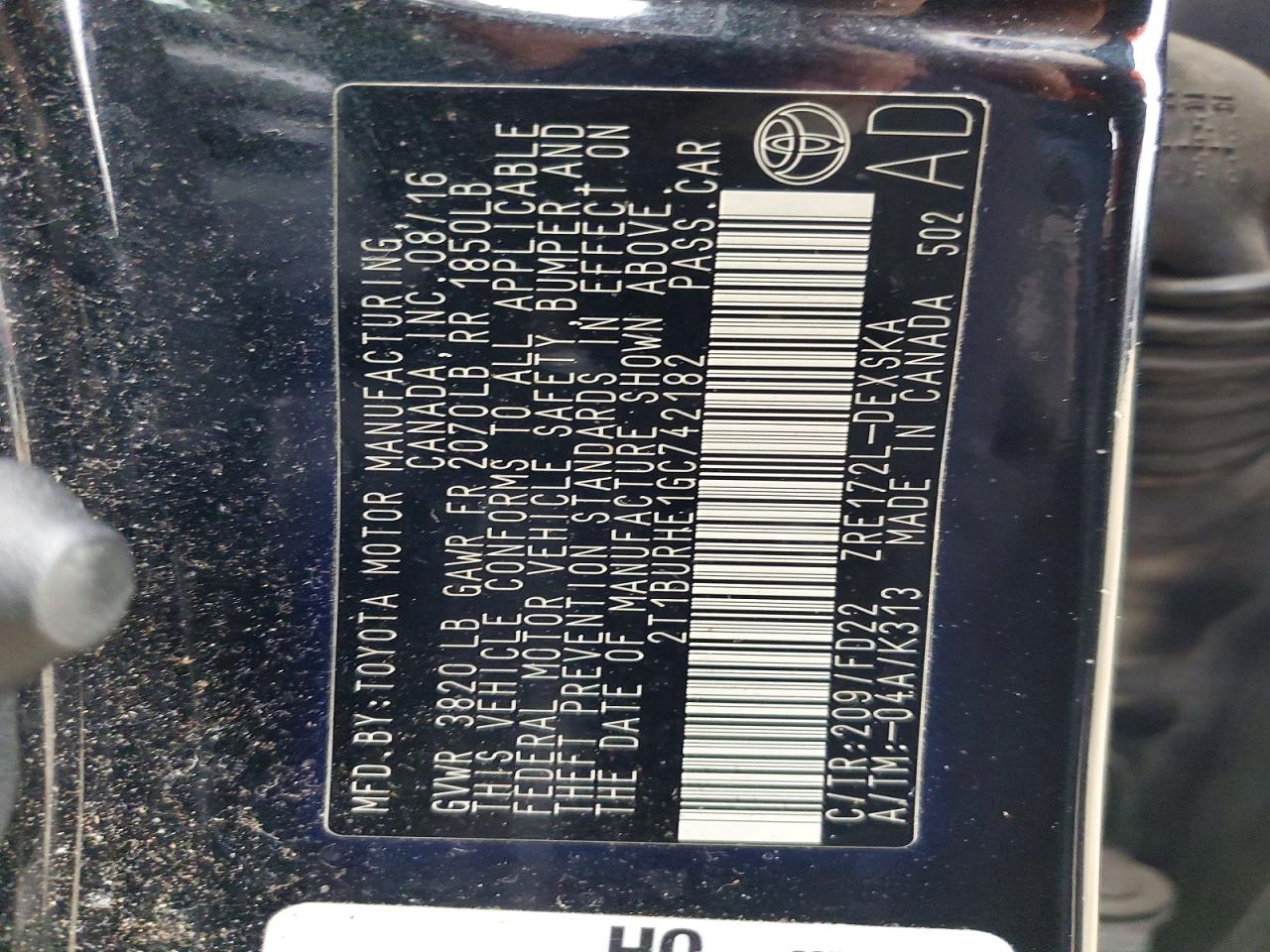 2016 Toyota Corolla S Plus Black vin: 2T1BURHE1GC742182