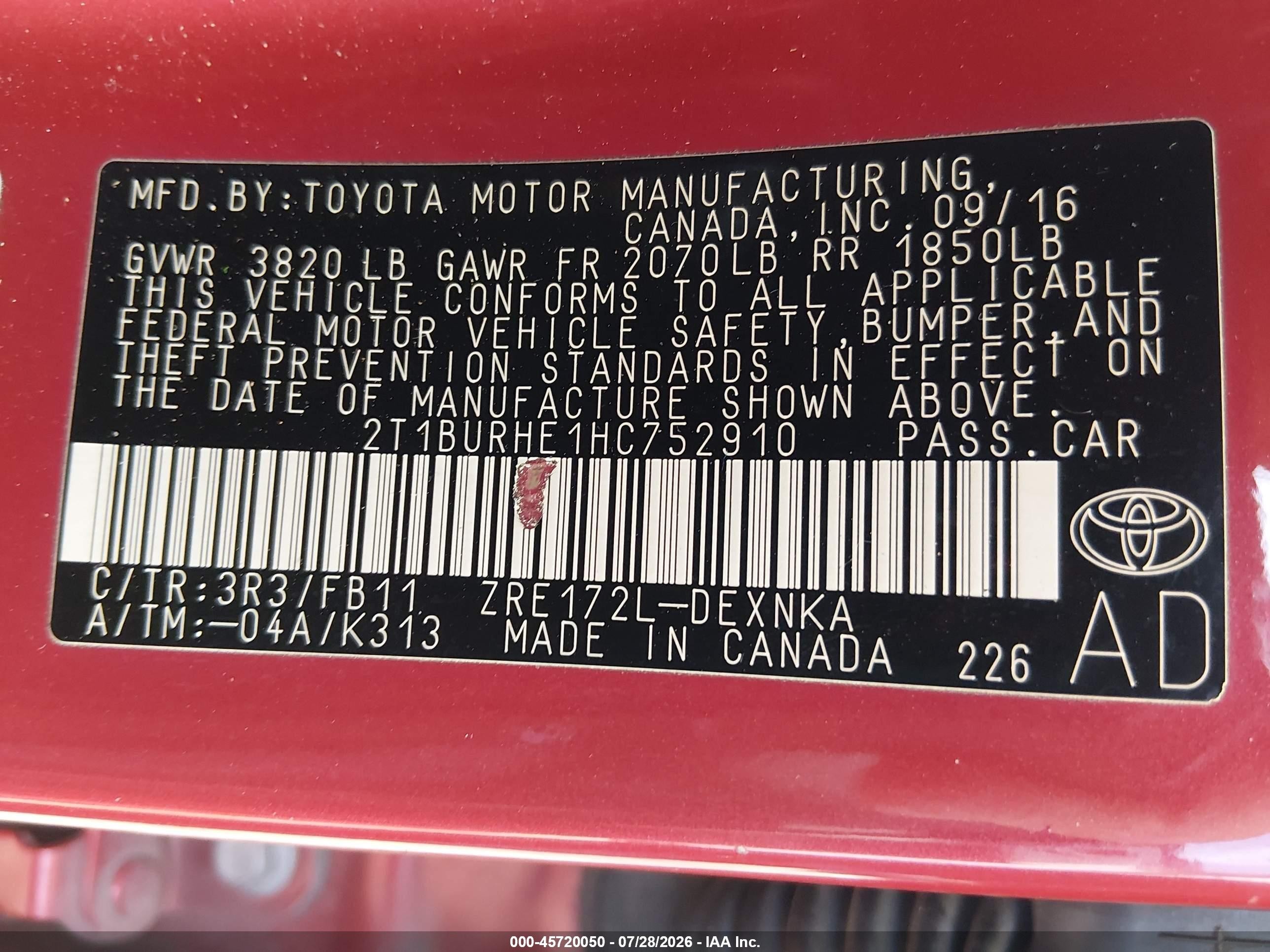 2017 Toyota Corolla Le Red vin: 2T1BURHE1HC752910