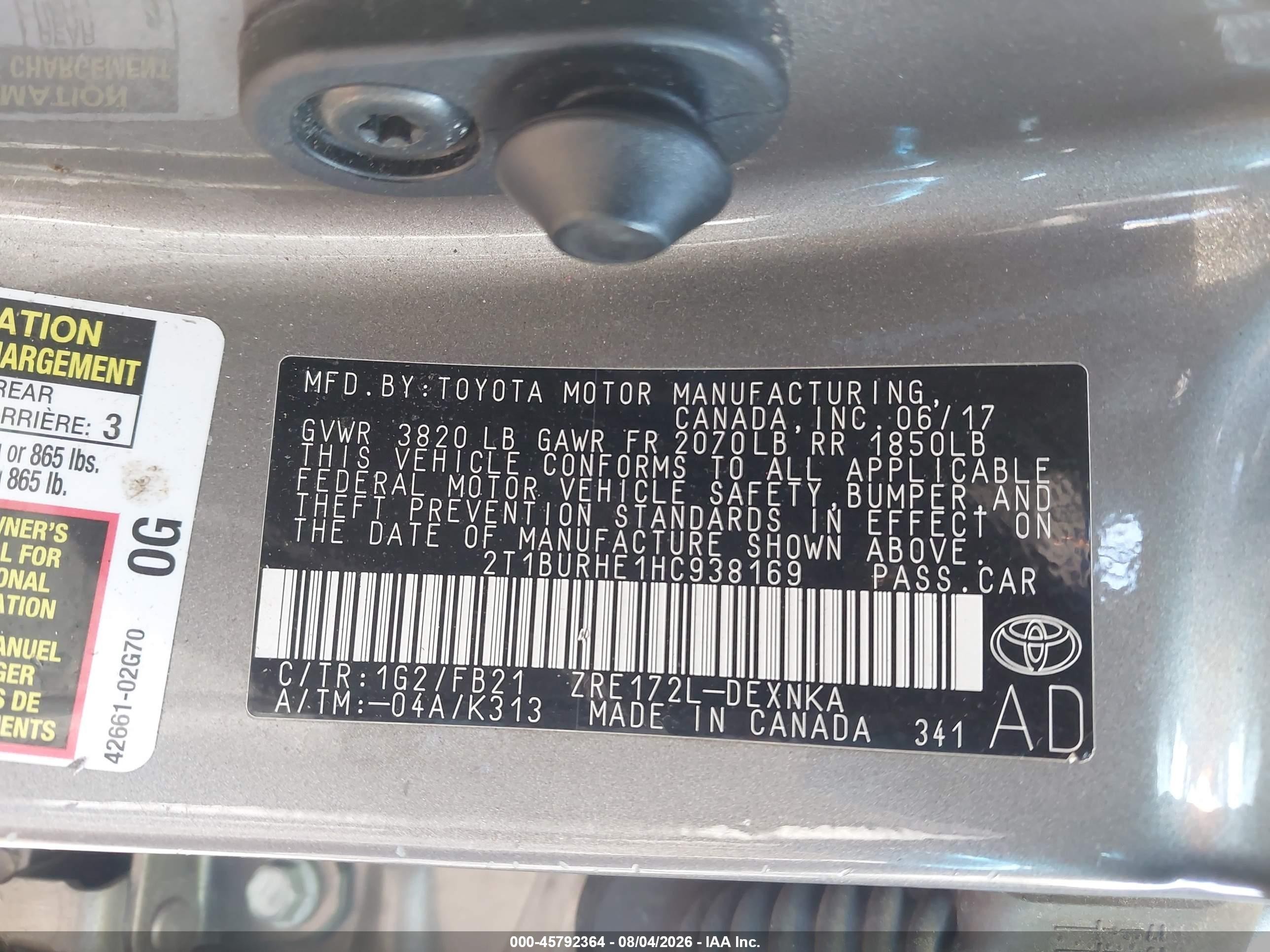 2017 Toyota Corolla Le Серый vin: 2T1BURHE1HC938169