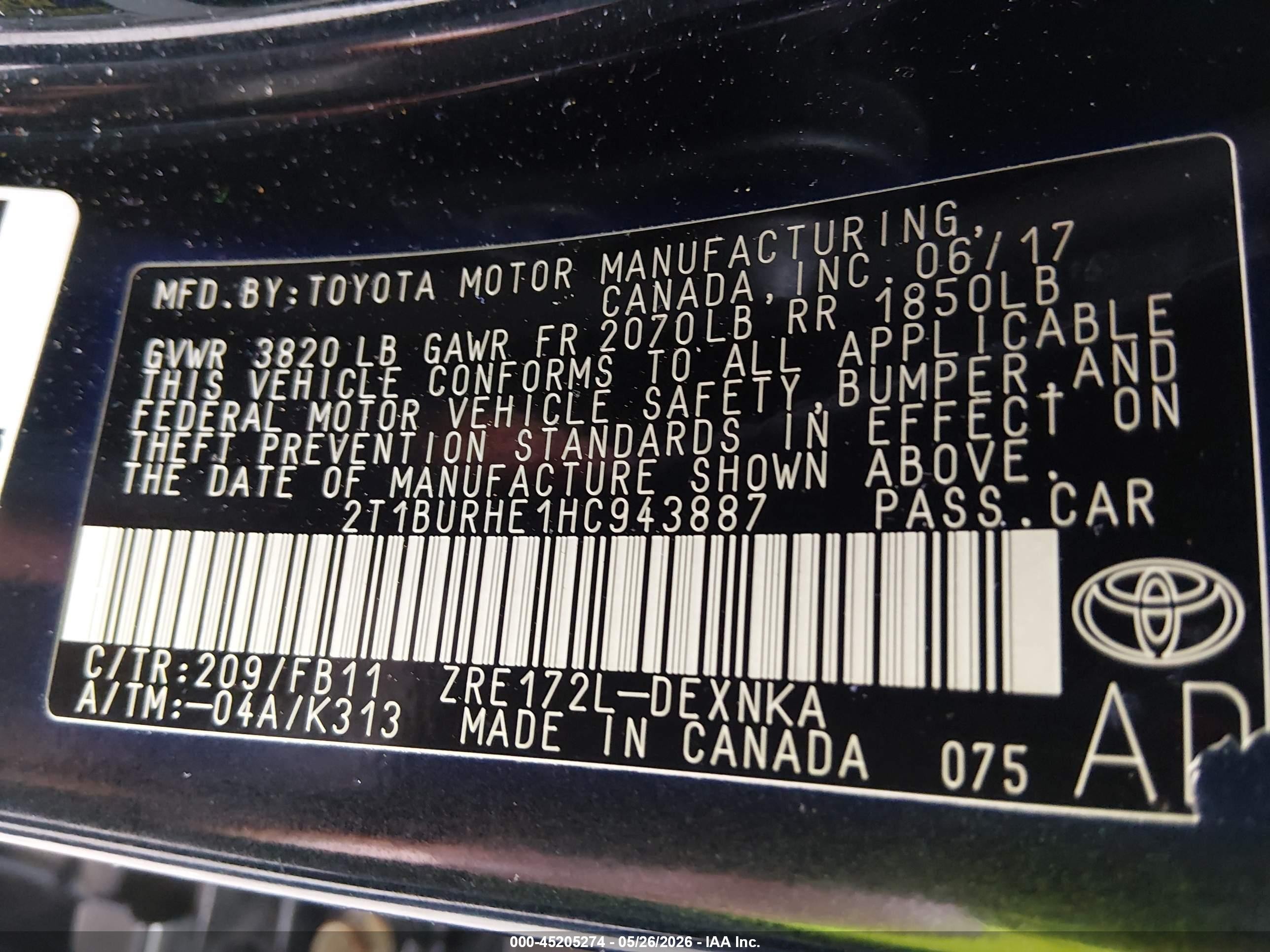 2017 Toyota Corolla Le Black vin: 2T1BURHE1HC943887