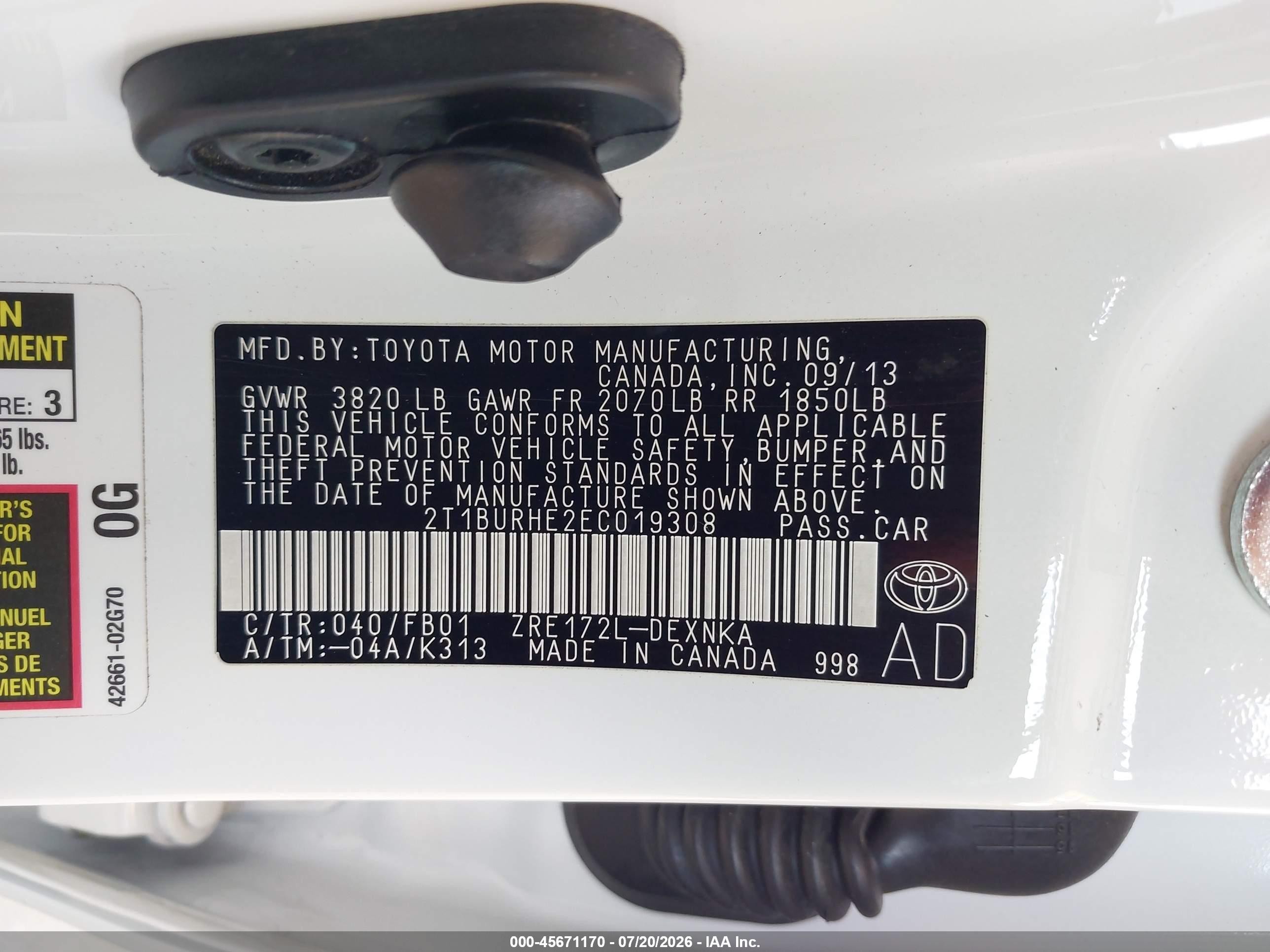 2014 Toyota Corolla Le White vin: 2T1BURHE2EC019308