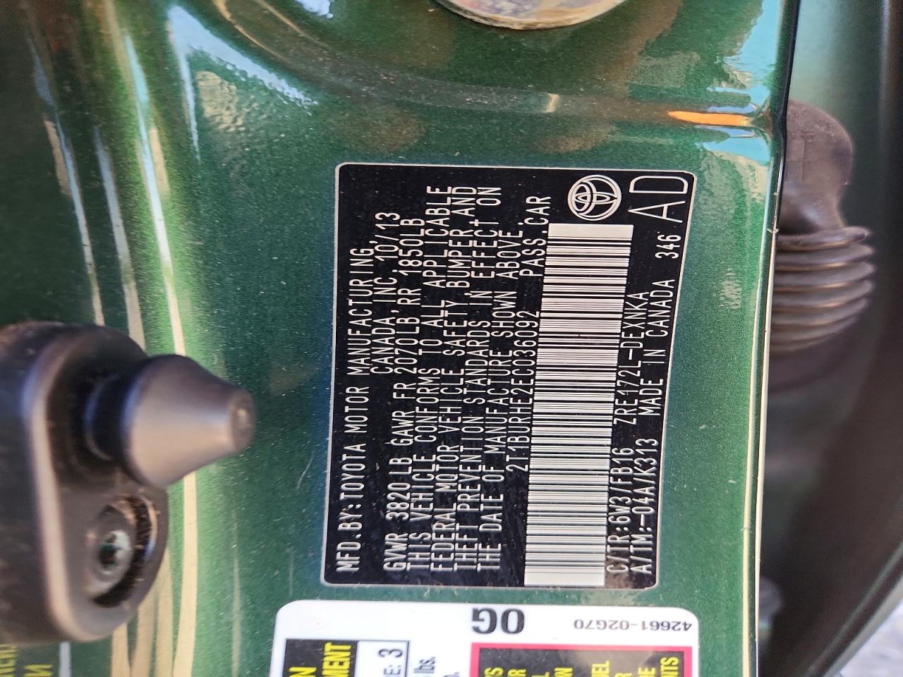 2014 Toyota Corolla Le Green vin: 2T1BURHE2EC036092