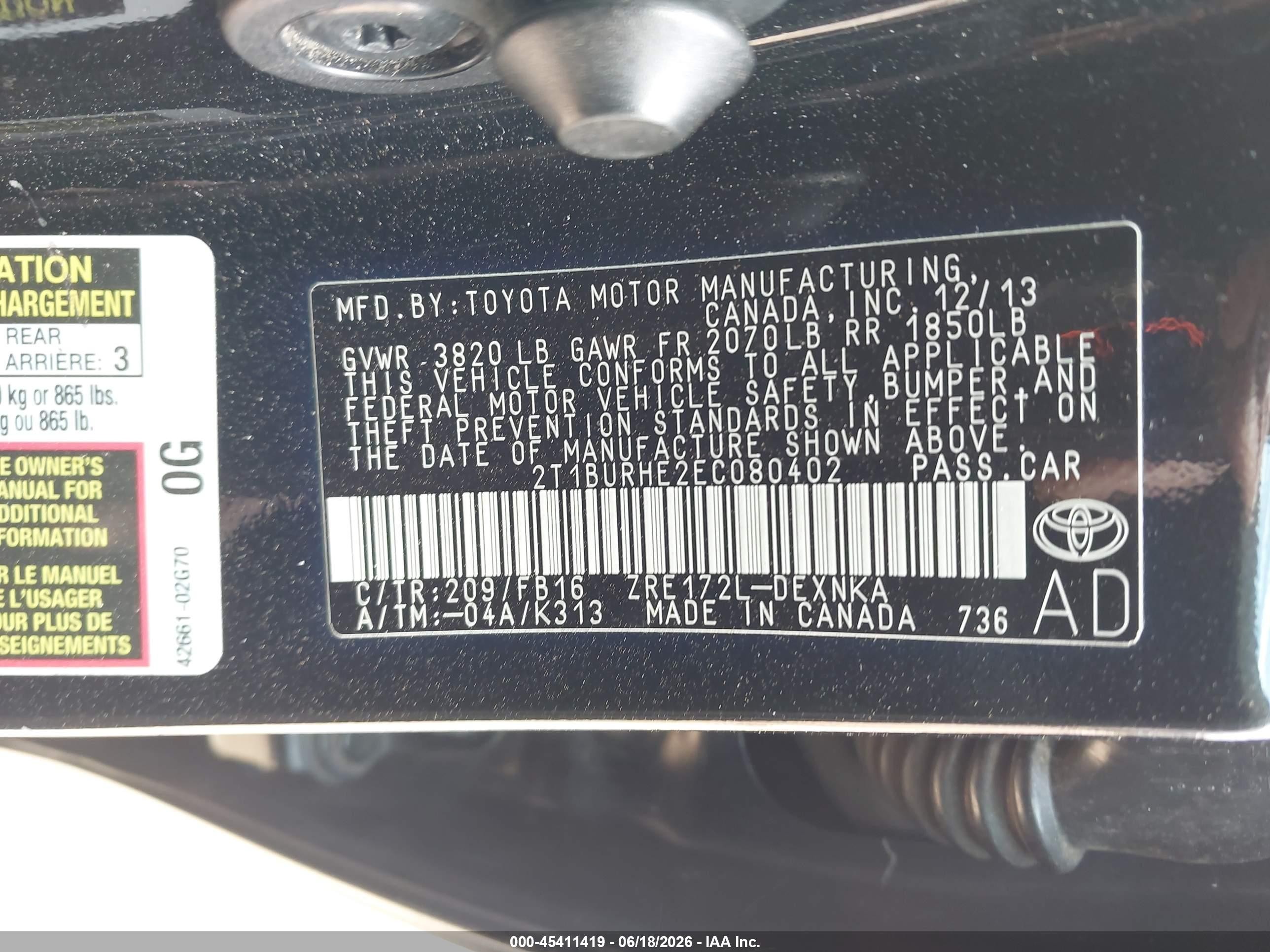 2014 Toyota Corolla Le Black vin: 2T1BURHE2EC080402