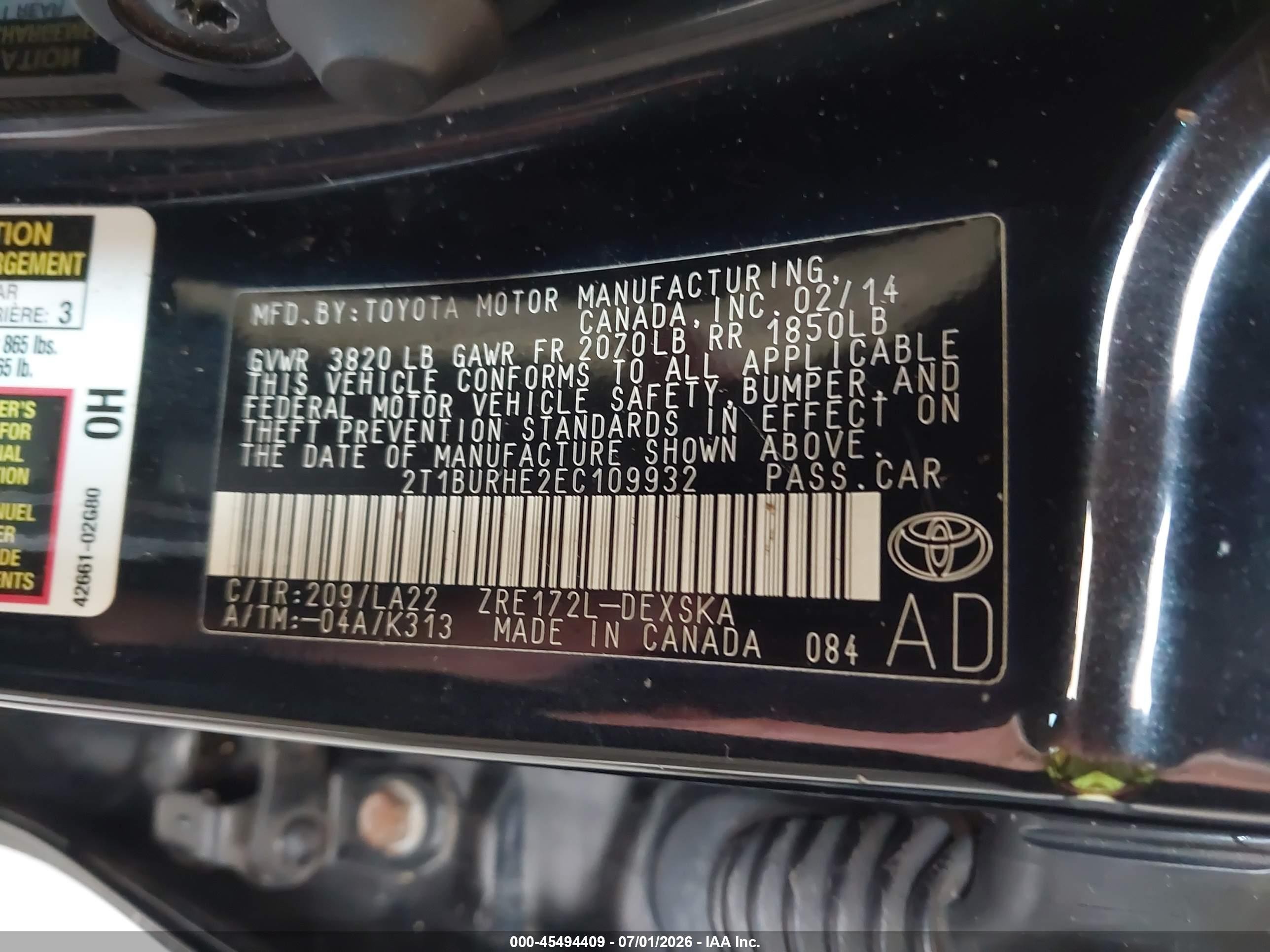 2014 Toyota Corolla S Premium Black vin: 2T1BURHE2EC109932