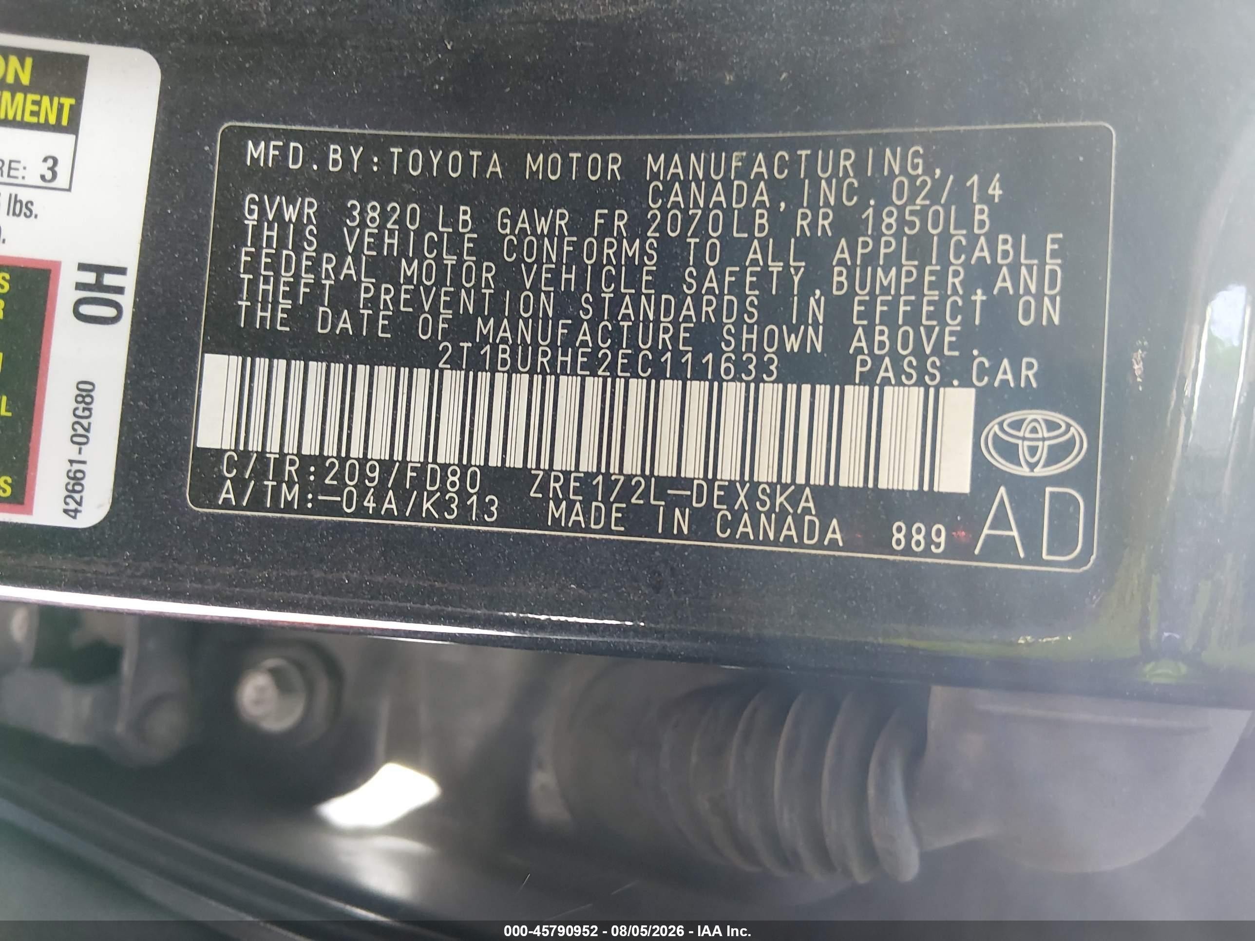 2014 Toyota Corolla S Plus Black vin: 2T1BURHE2EC111633