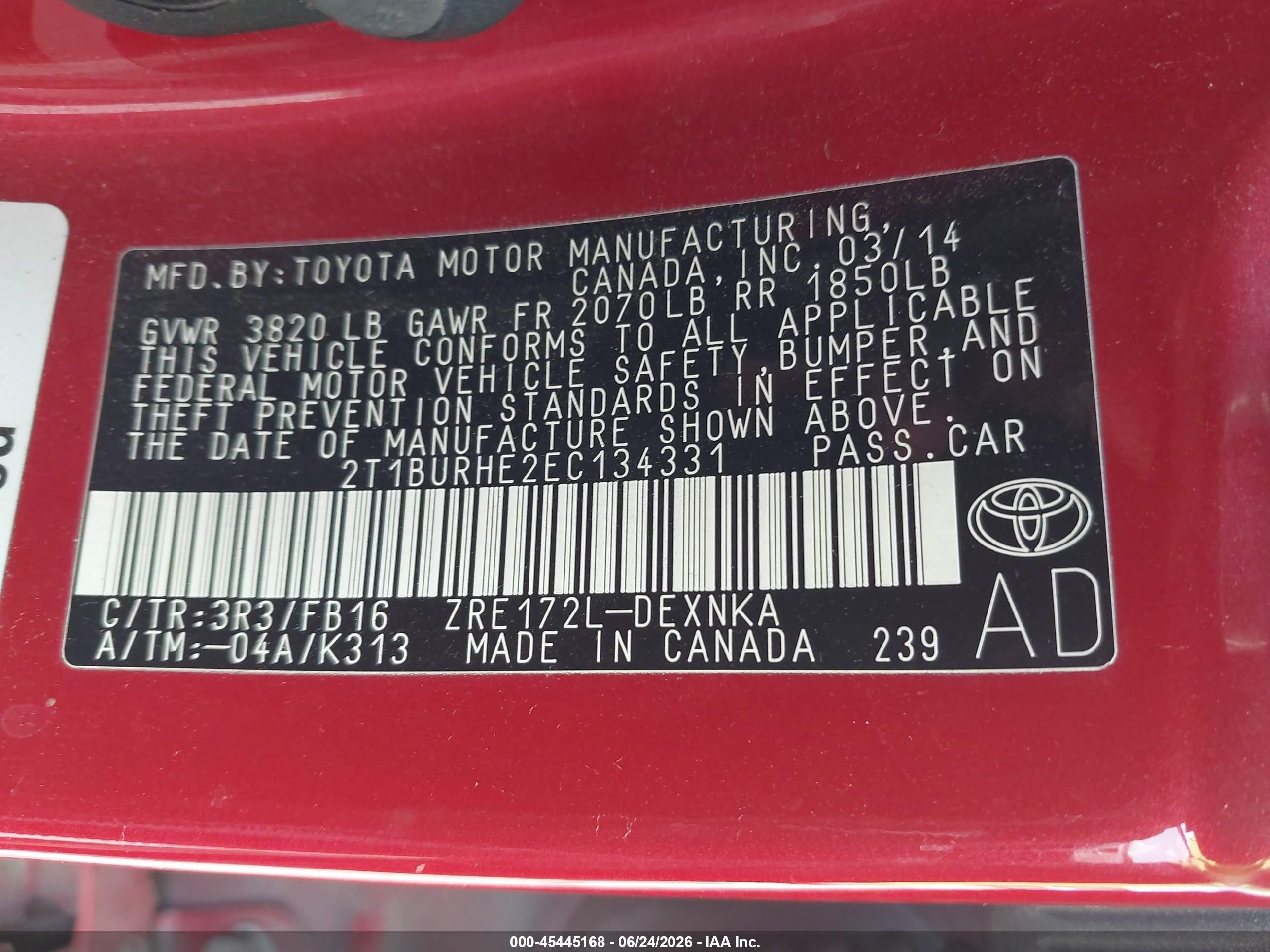 2014 Toyota Corolla Le Red vin: 2T1BURHE2EC134331