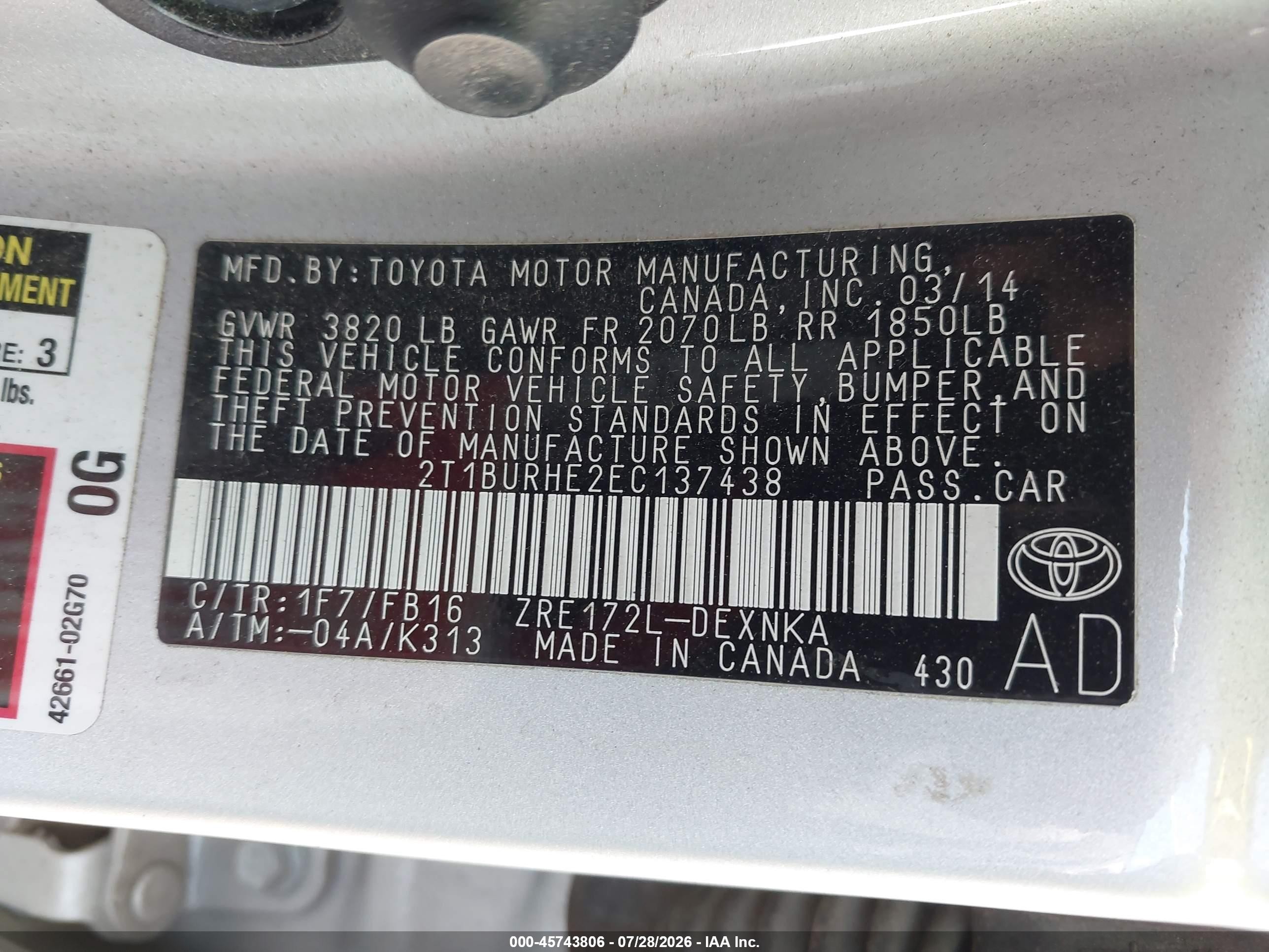 2014 Toyota Corolla Le White vin: 2T1BURHE2EC137438