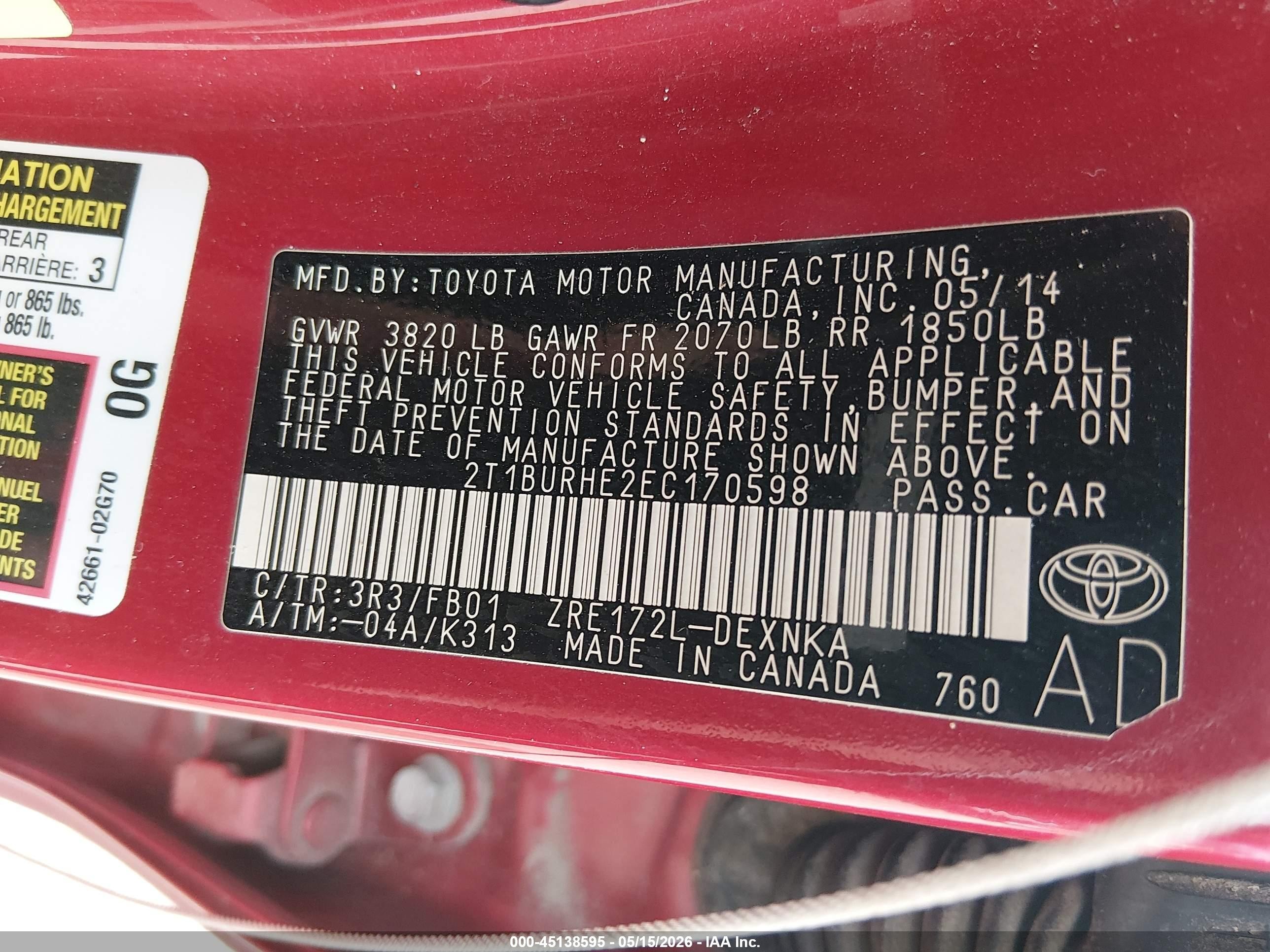 2014 Toyota Corolla Le Red vin: 2T1BURHE2EC170598