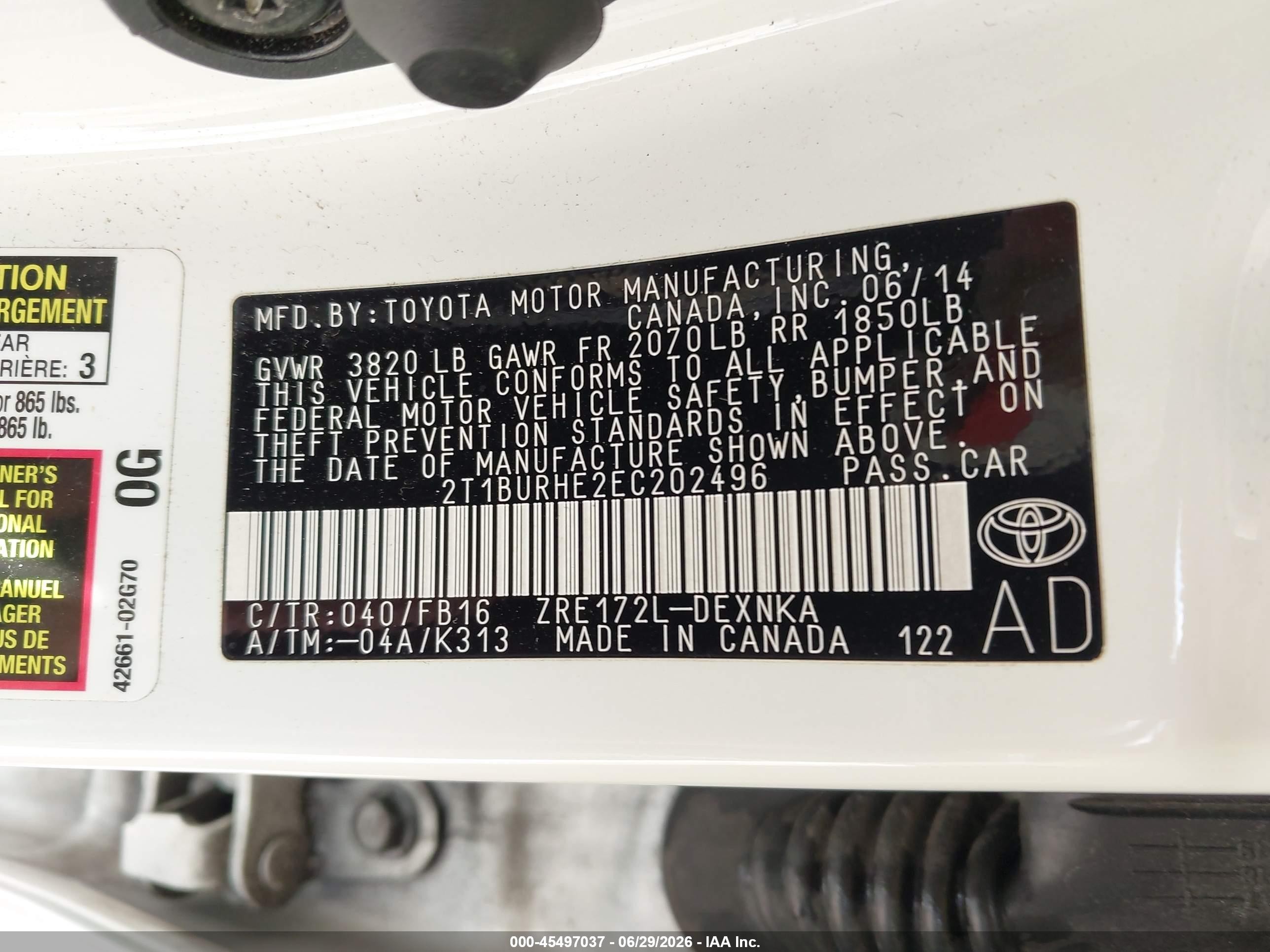 2014 Toyota Corolla Le White vin: 2T1BURHE2EC202496
