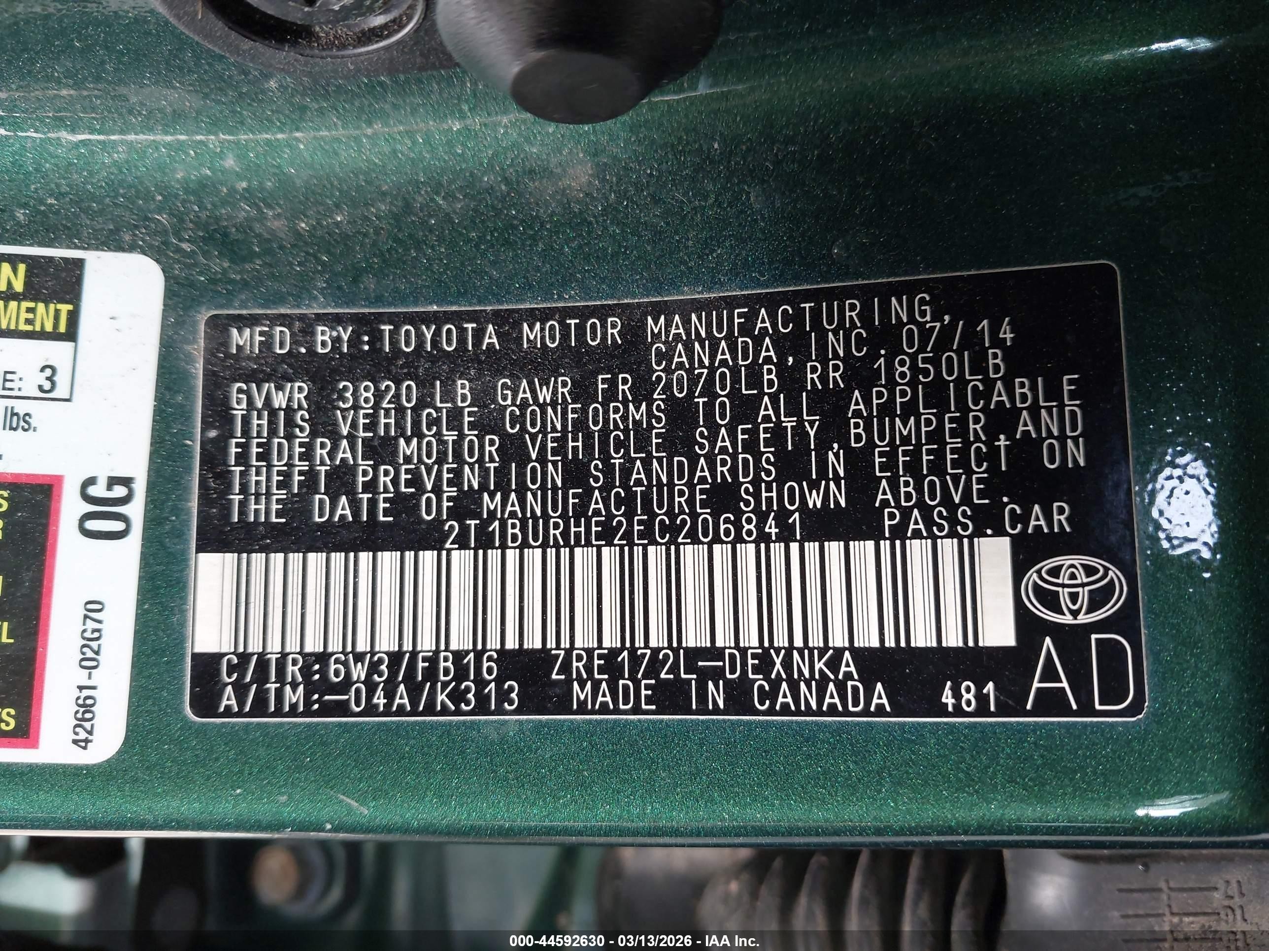 2014 Toyota Corolla Le Green vin: 2T1BURHE2EC206841