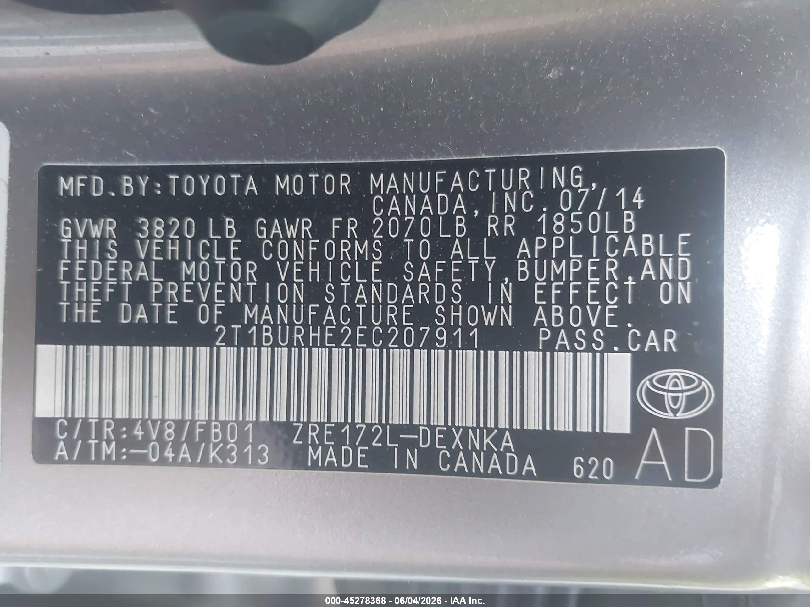 2014 Toyota Corolla Le Gray vin: 2T1BURHE2EC207911