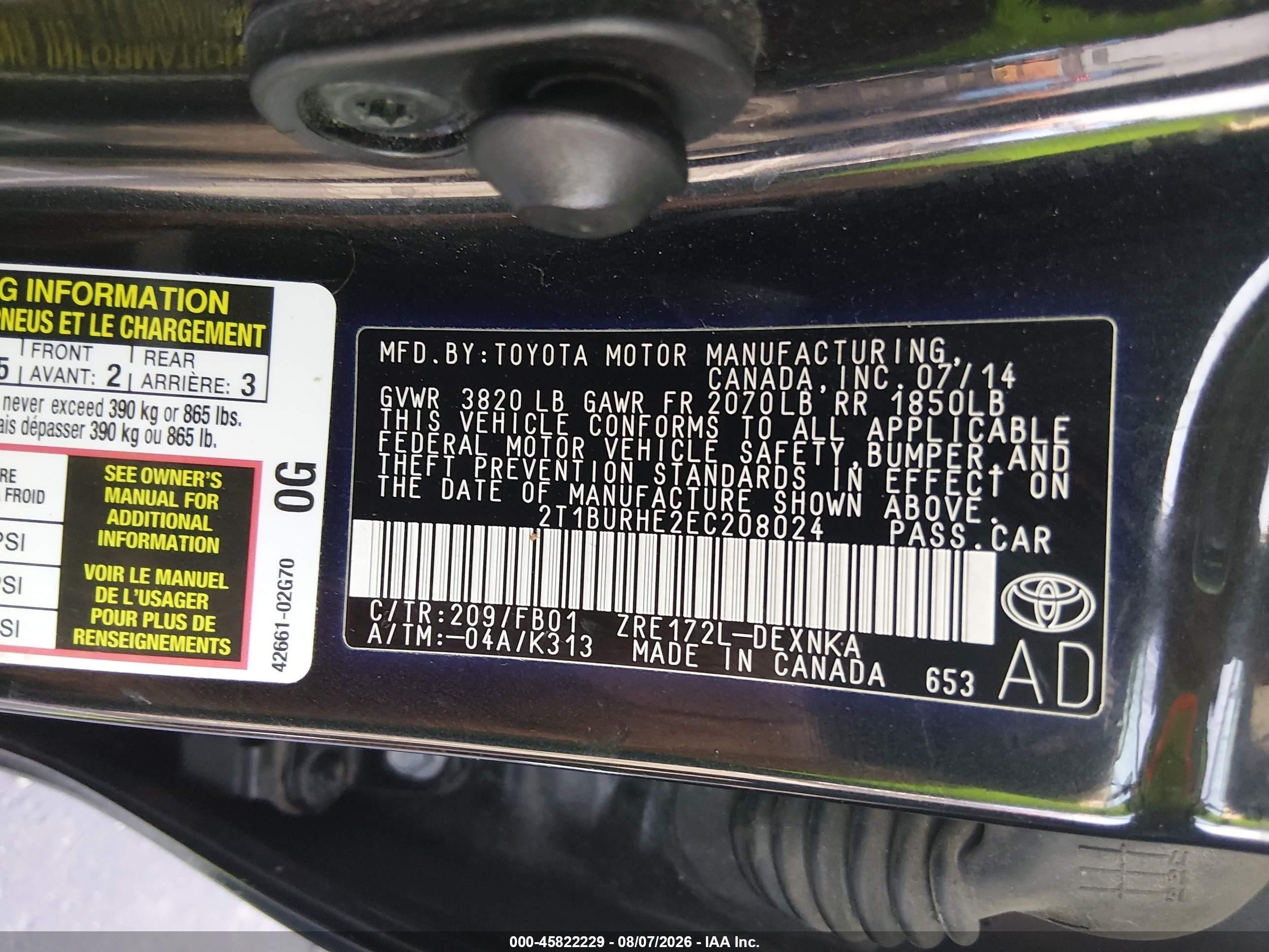2014 Toyota Corolla Le Black vin: 2T1BURHE2EC208024