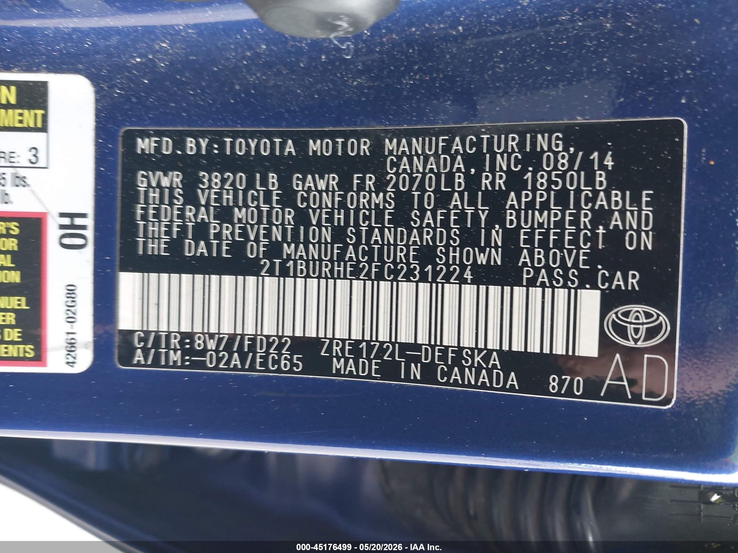 2015 Toyota Corolla S Plus Blue vin: 2T1BURHE2FC231224