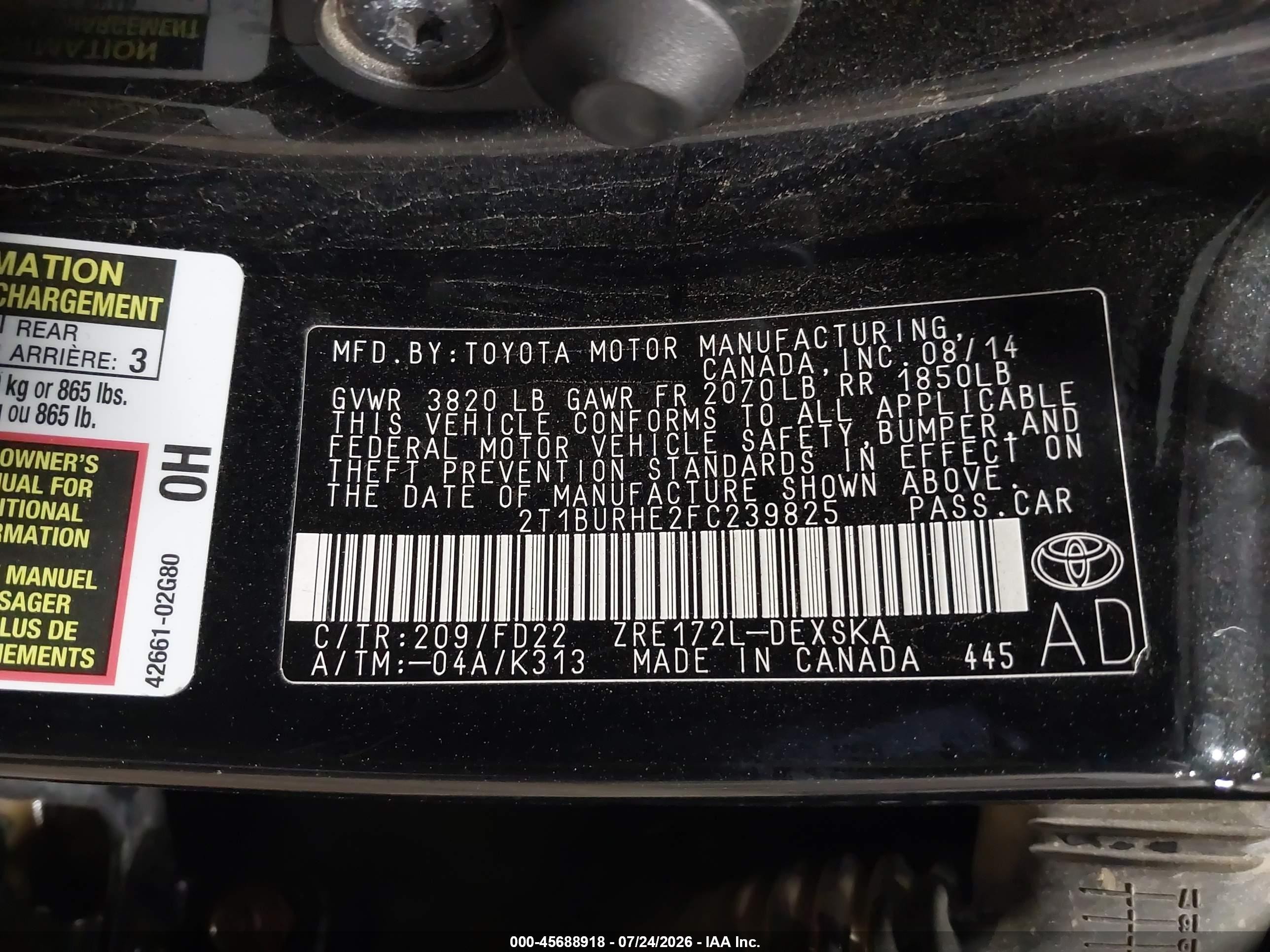2015 Toyota Corolla S Plus Black vin: 2T1BURHE2FC239825