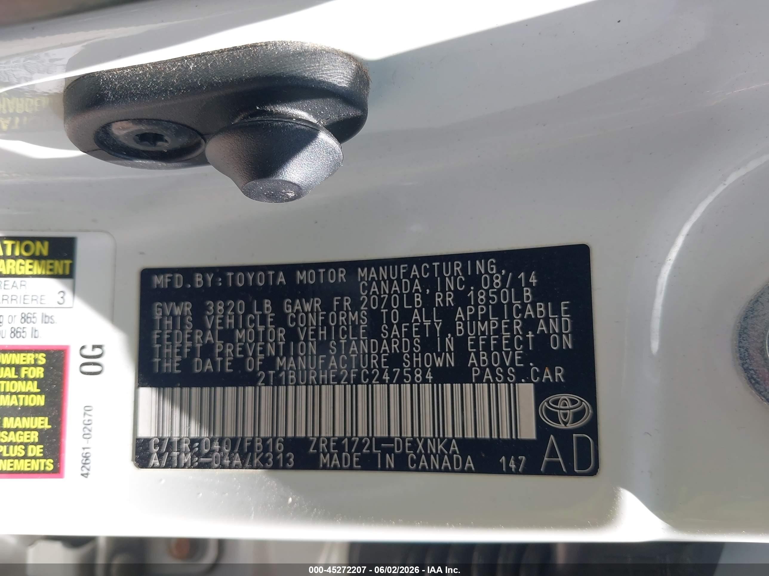 2015 Toyota Corolla Le White vin: 2T1BURHE2FC247584